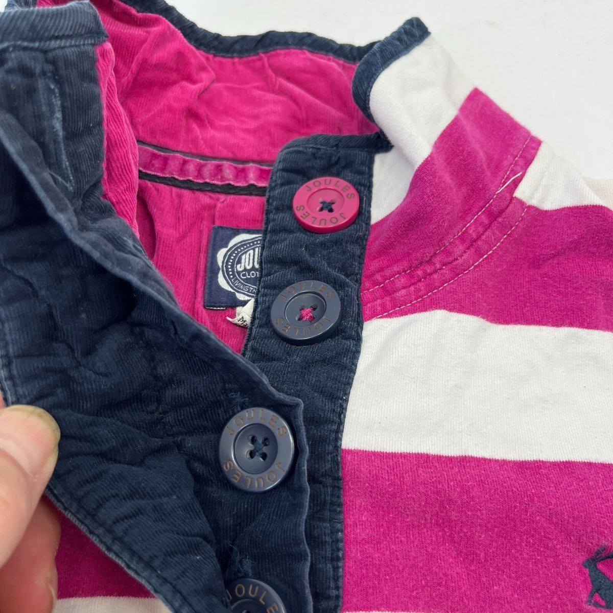 Joules White & Pink Striped Rugby Polo Shirt Distressed Long Sleeve Womens UK 12