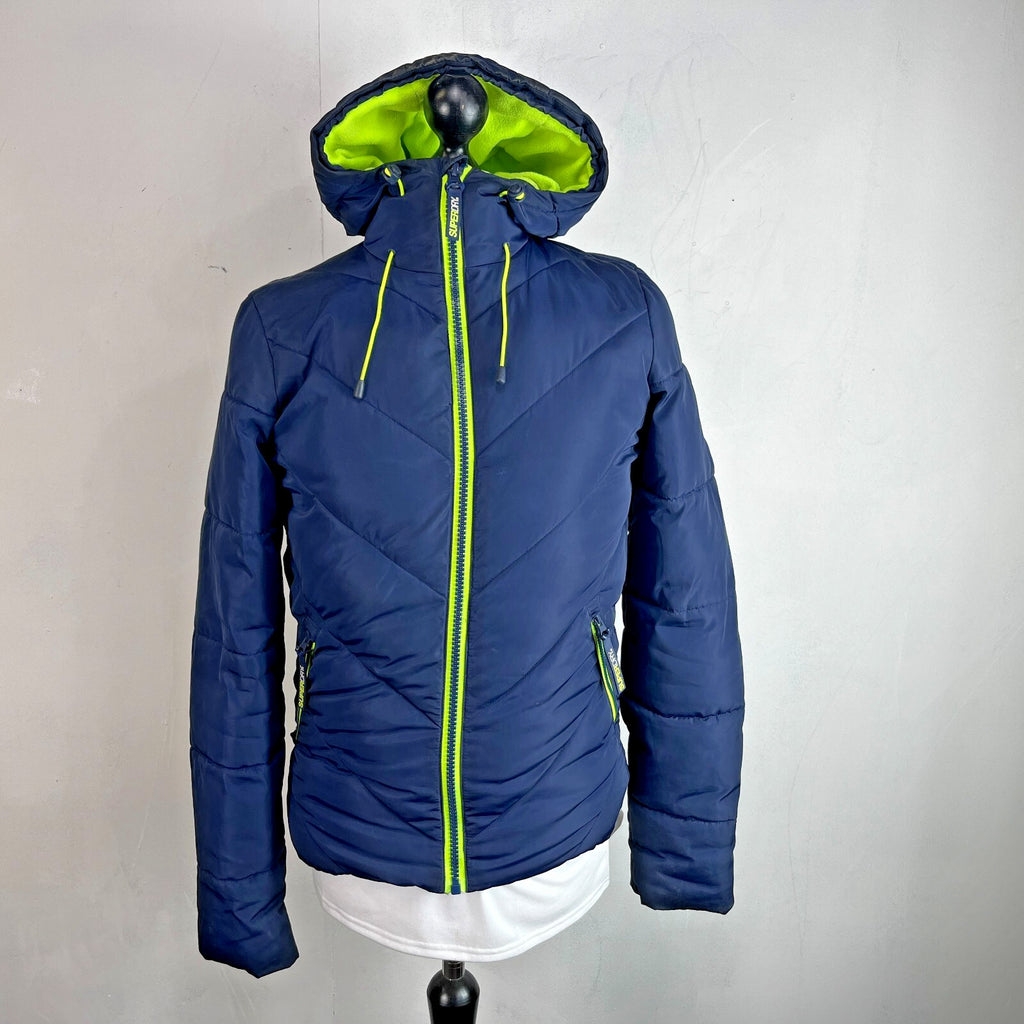 Superdry Navy Blue & Green Puffer Jacket with Hood size XS