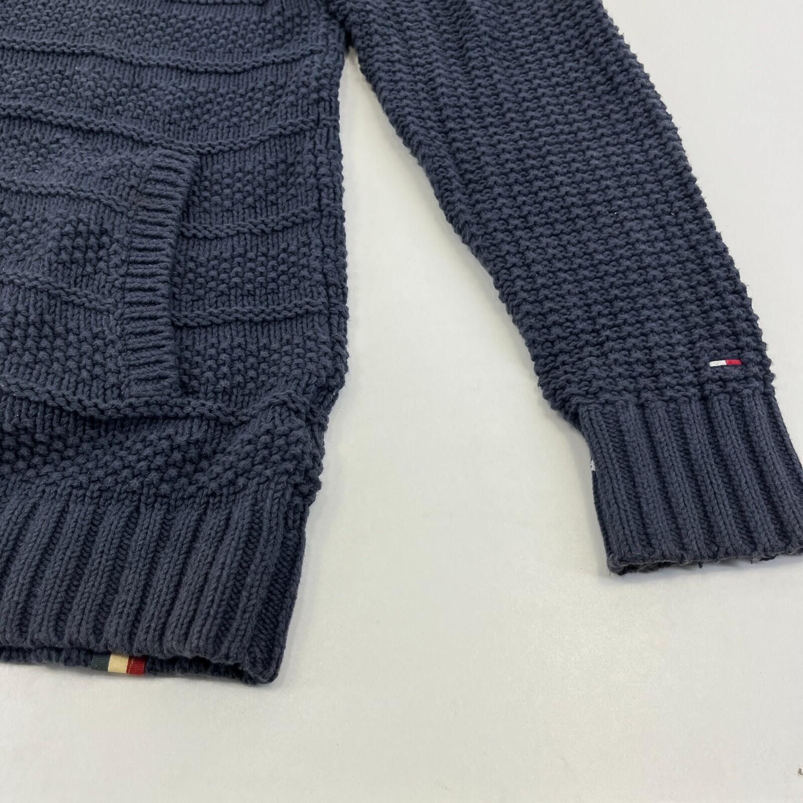 Tommy Hilfiger Hooded Cable Knit Cardigan Chunky Jumper Navy Blue - Size M