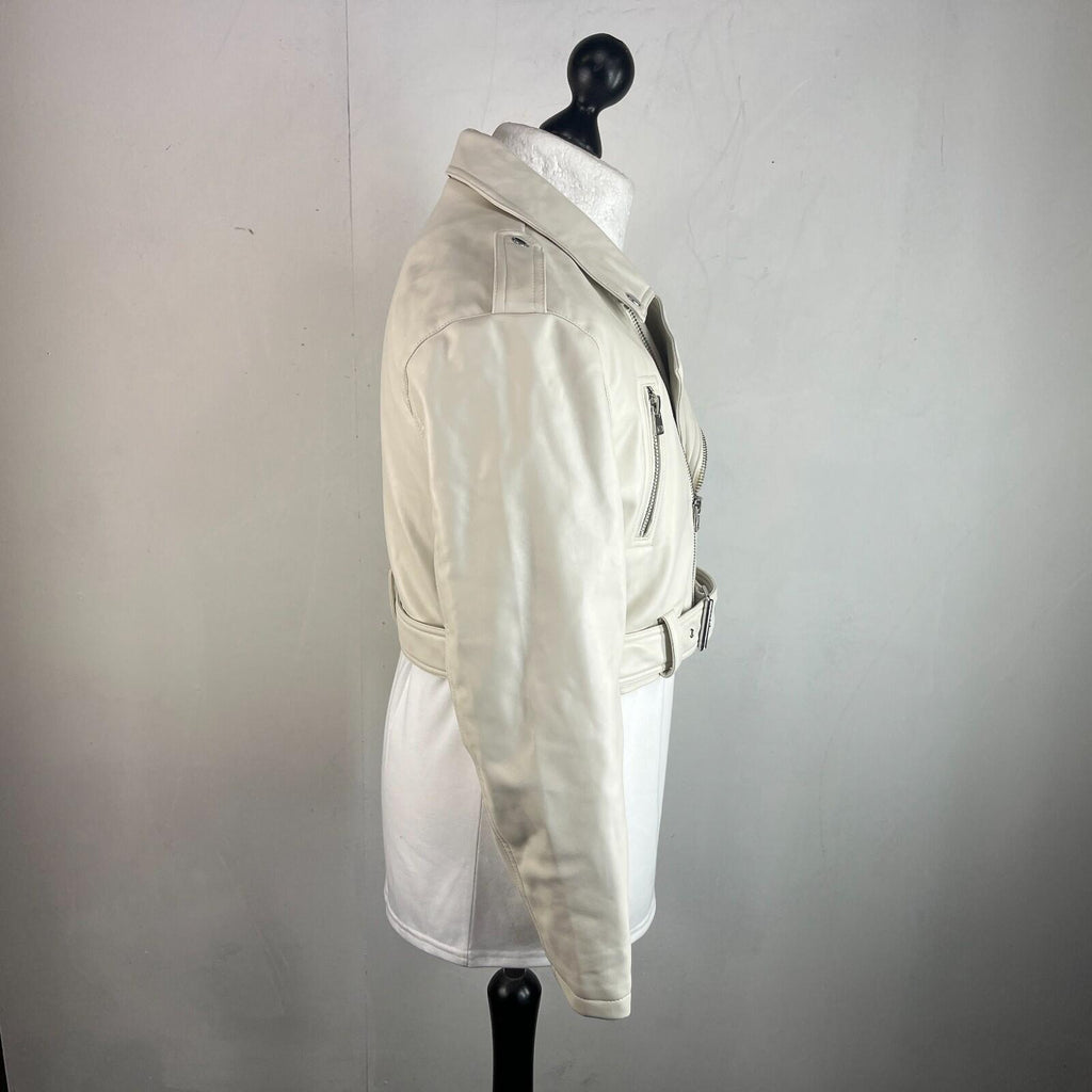 Topshop Zipped Faux Leather Cropped Biker Jacket Ivory White UK Women's size 10