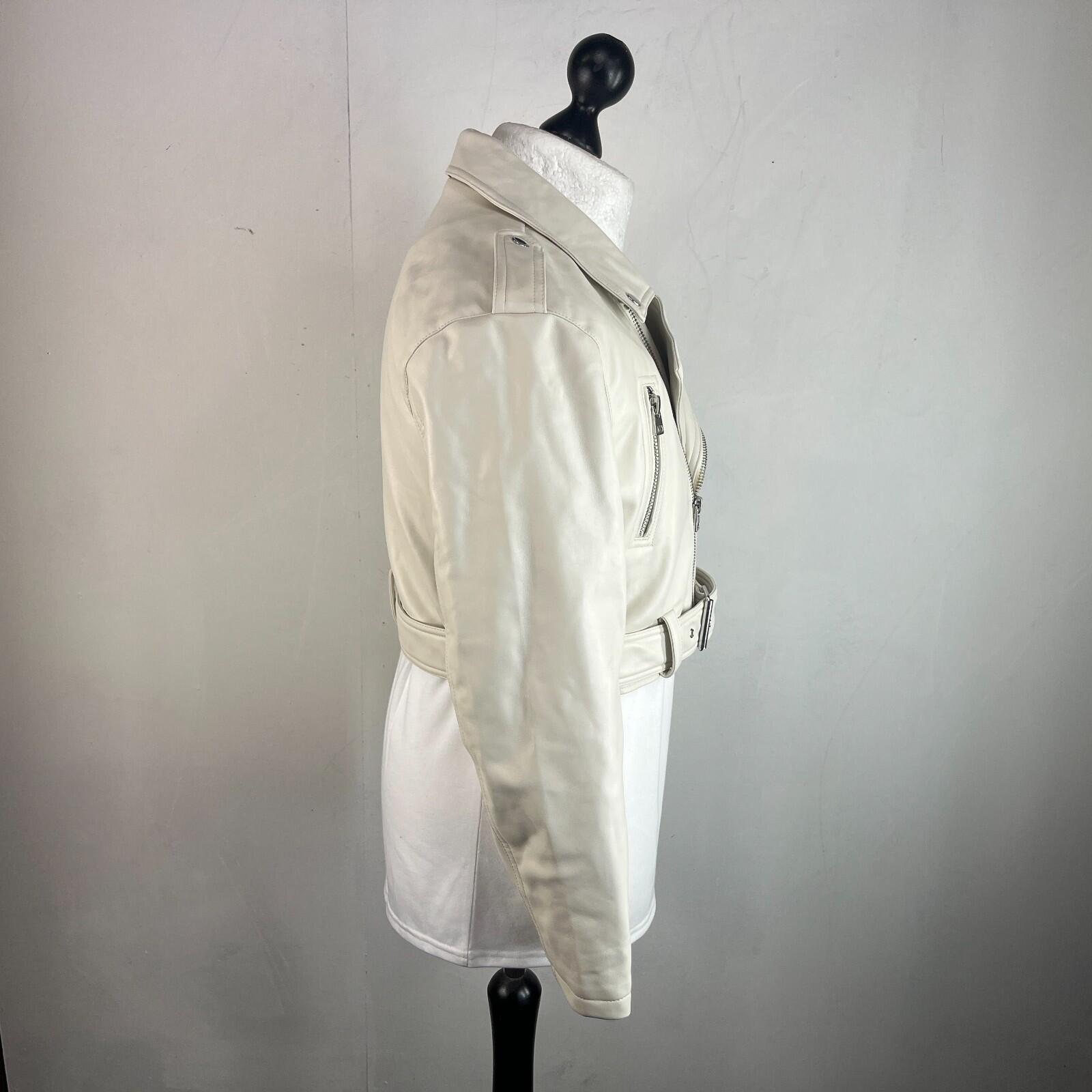 Topshop Zipped Faux Leather Cropped Biker Jacket Ivory White UK Women's size 10