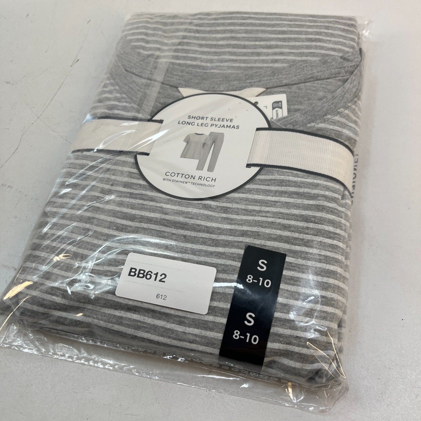 M&S Ladies Pyjama Set UK S 8-10 Grey Striped Long Leg Short Sleeve New