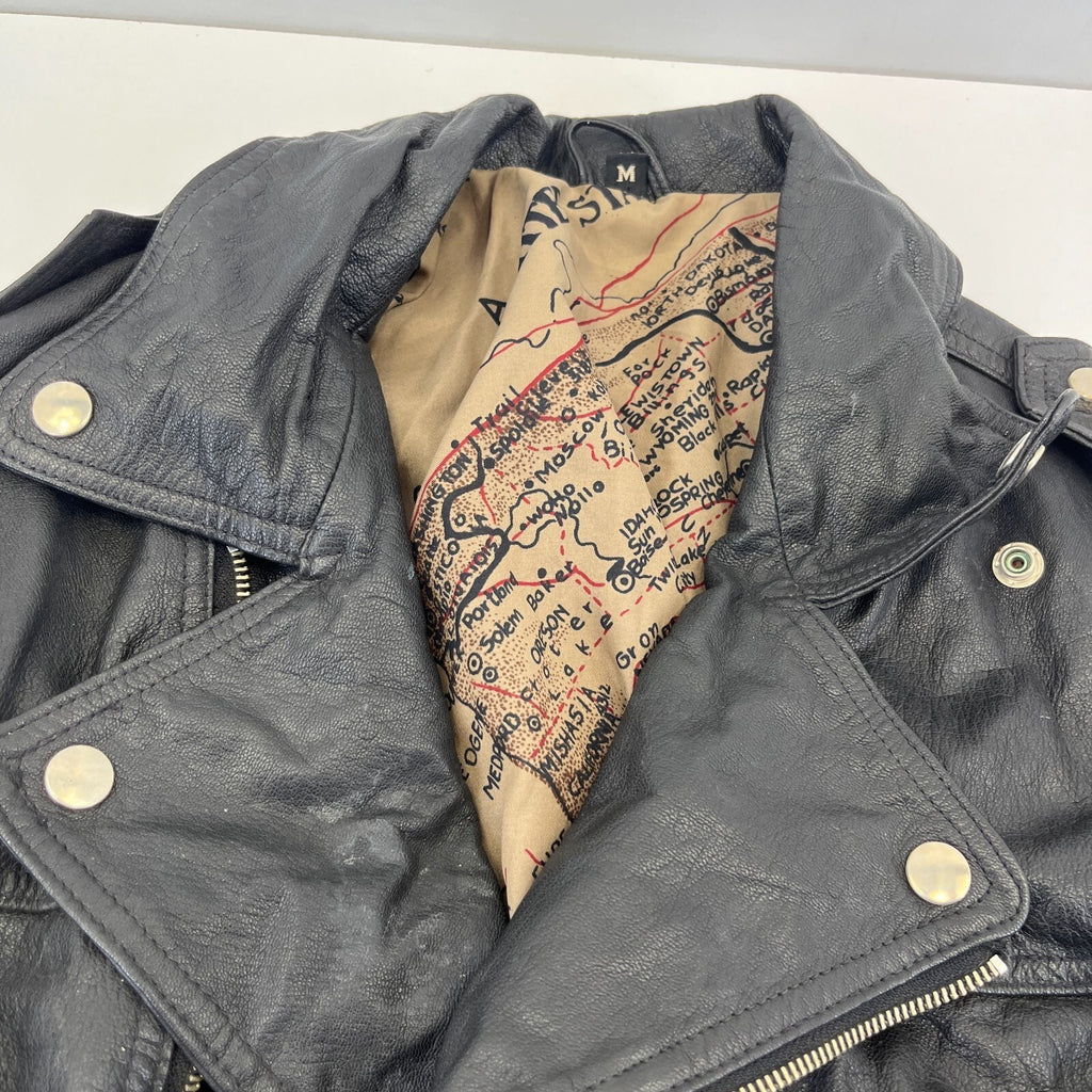 Punk Black Leather Biker Jacket with Belt size Medium Skinhead