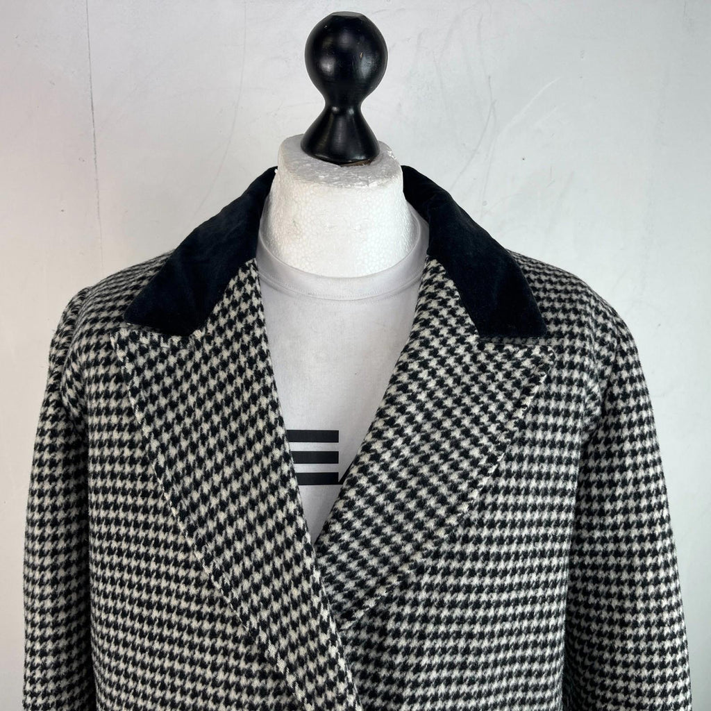 Vtg Kashmoor of London Wool Blend Long Overcoat UK 16 Black/White Houndstooth