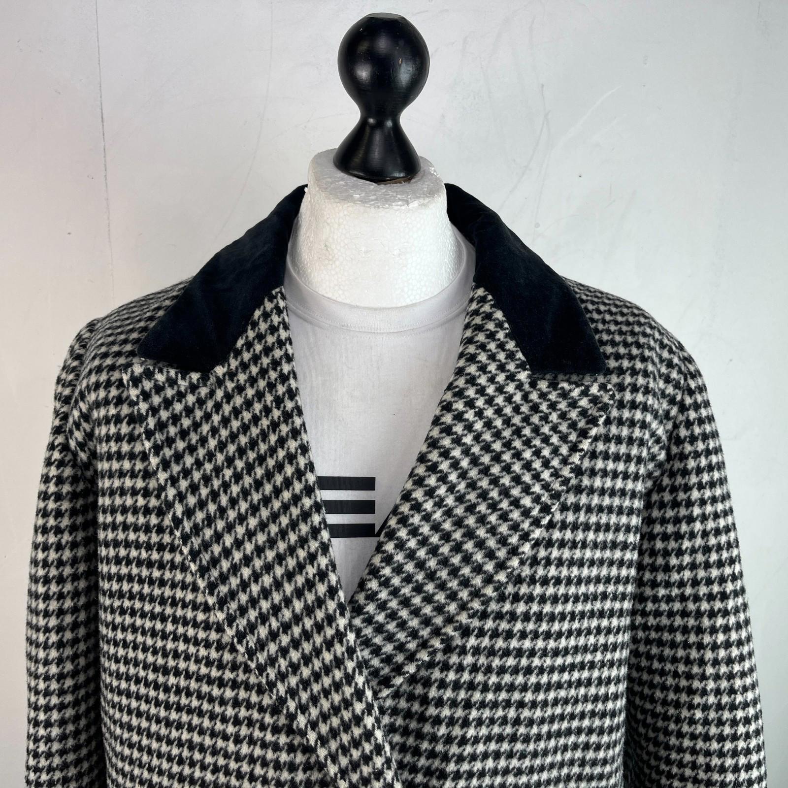 Vtg Kashmoor of London Wool Blend Long Overcoat UK 16 Black/White Houndstooth