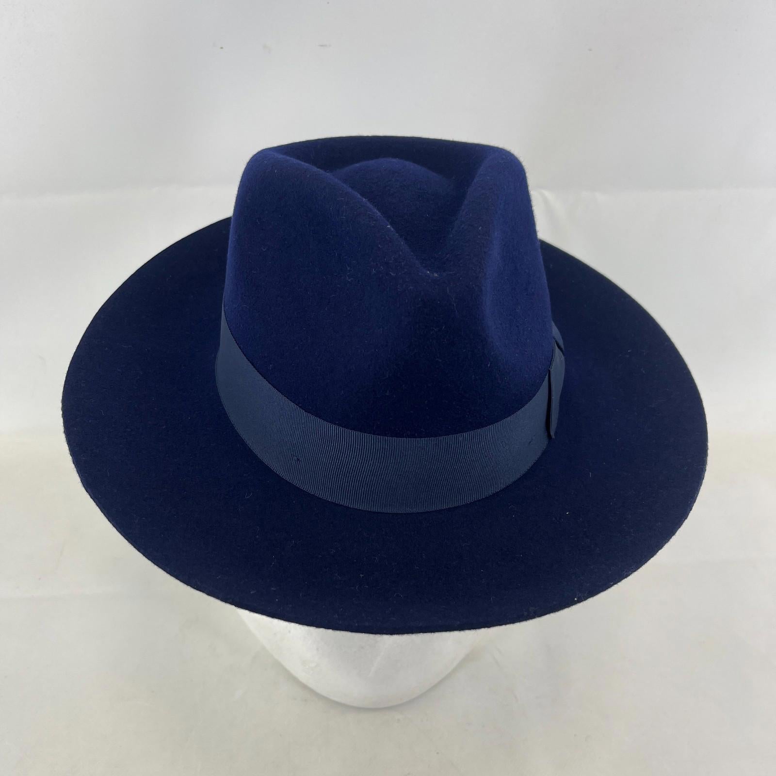 Palms Halt 100% Wool Handmade Textured Fedora Hat in Navy Blue size M 56
