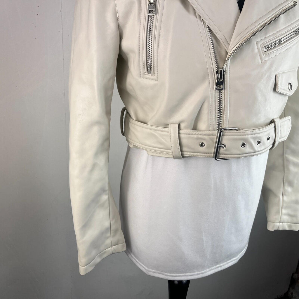 Topshop Zipped Faux Leather Cropped Biker Jacket Ivory White UK Women's size 10