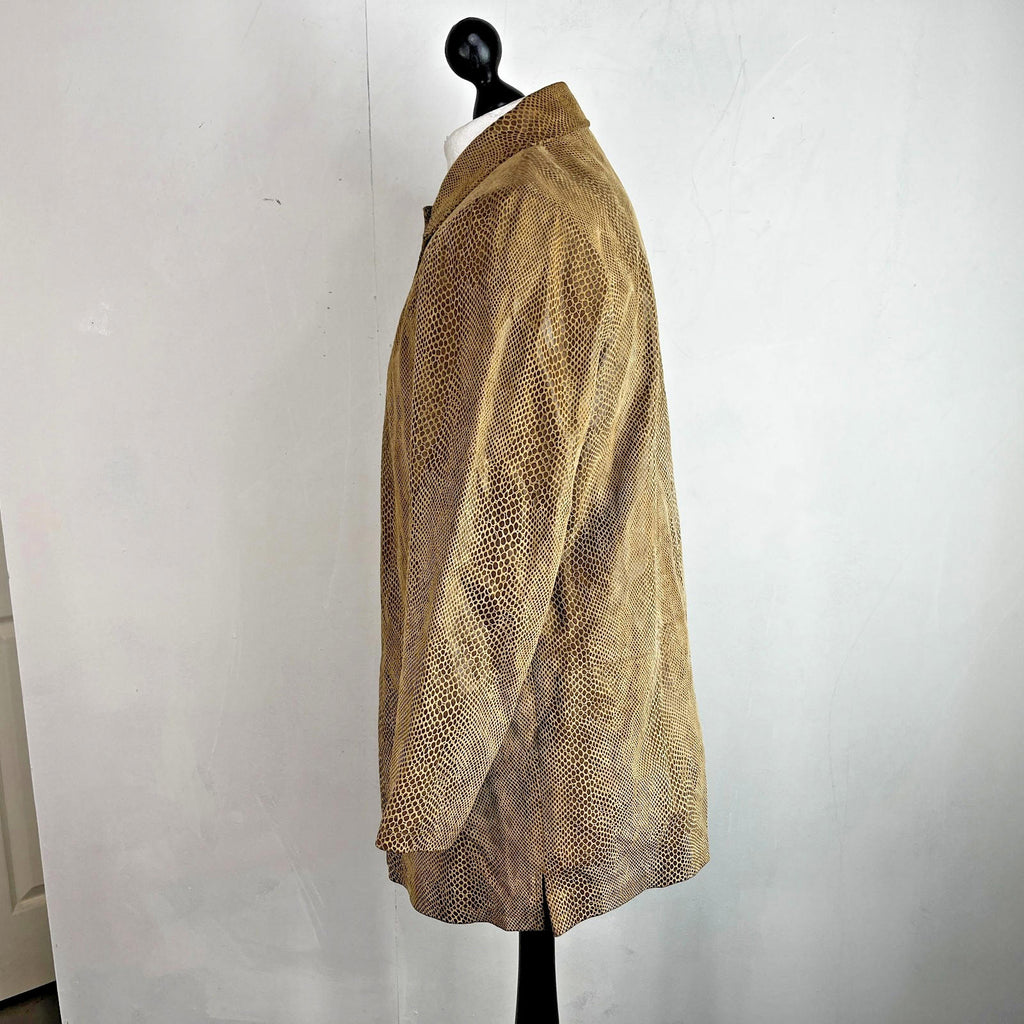 Beth Terrell Long Leather Coat Jacket Tan Brown Snake Lizard Pattern size Medium