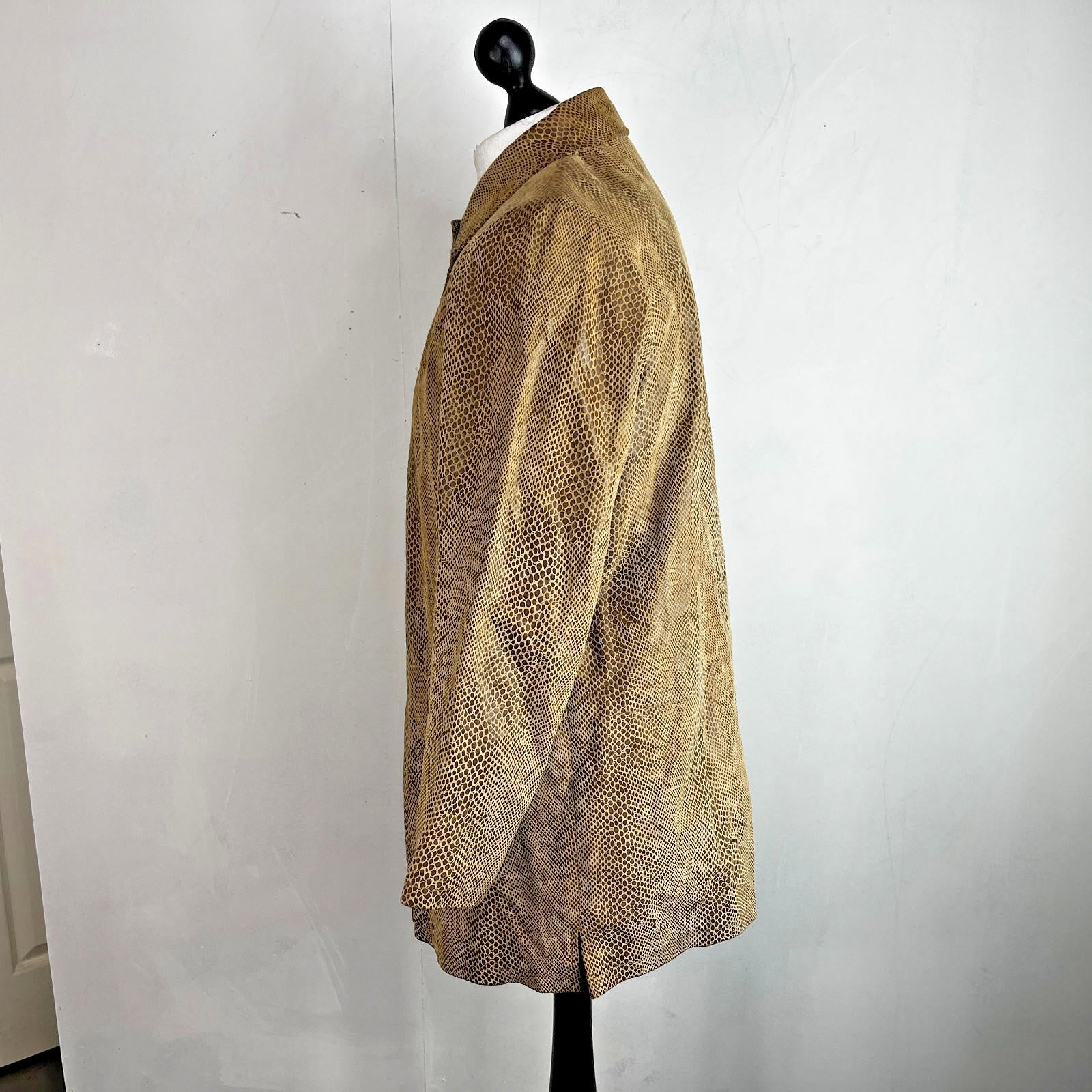 Beth Terrell Long Leather Coat Jacket Tan Brown Snake Lizard Pattern size Medium