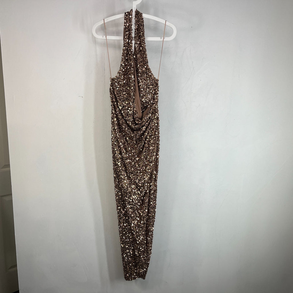 Zara Gold Sparkly Sequin Wrap Round Pencil Dress Halter Neck size Large - New