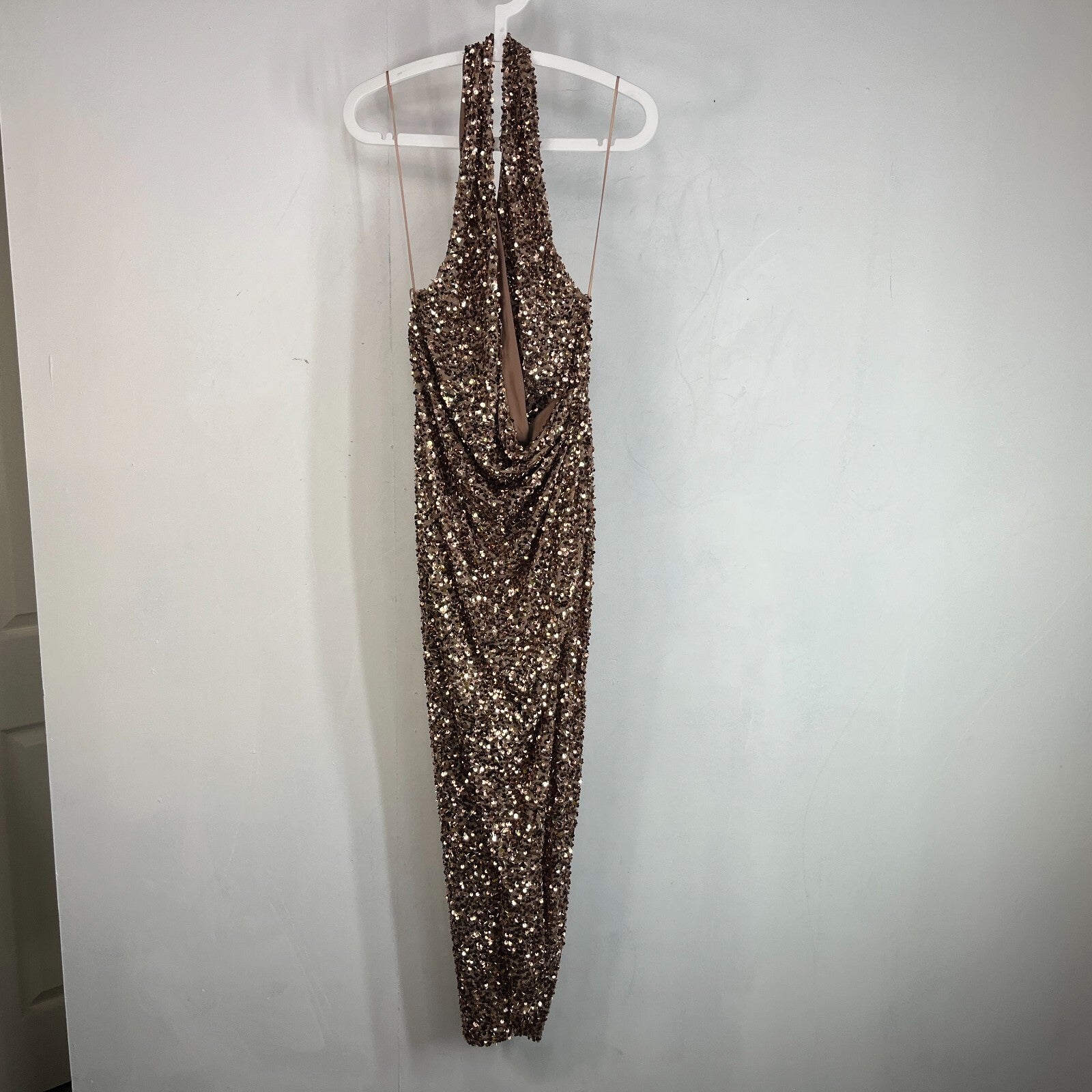 Zara Gold Sparkly Sequin Wrap Round Pencil Dress Halter Neck size Large - New