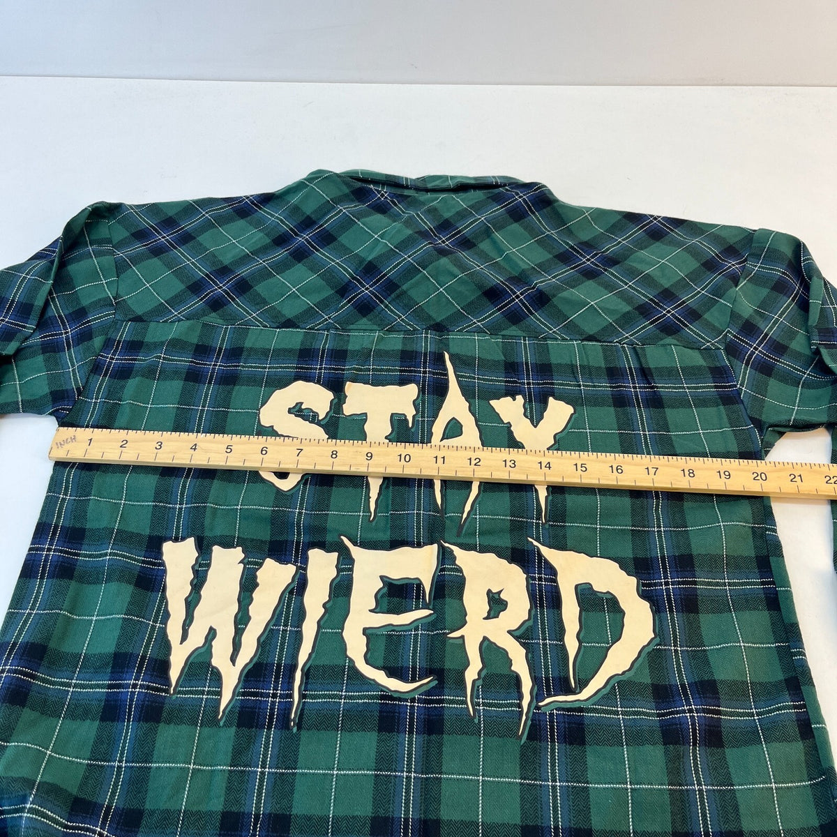 Disney Lilo & Stitch Mens "Stay Weird" Button Up Shirt Check Green Frayed Hem M