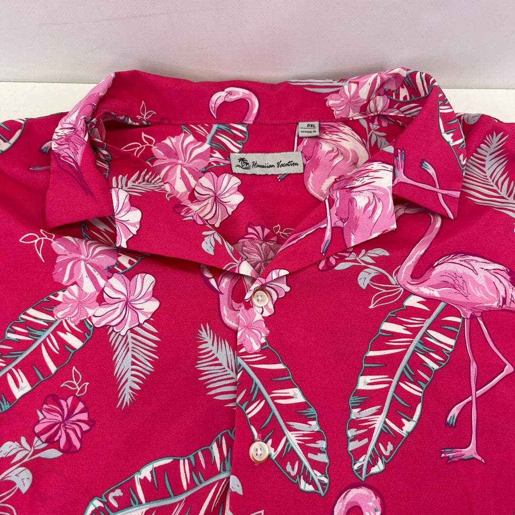 Hawaiian Vacation Mens Pink Flamingo Shirt Design Short Sleeve Holiday size 2XL