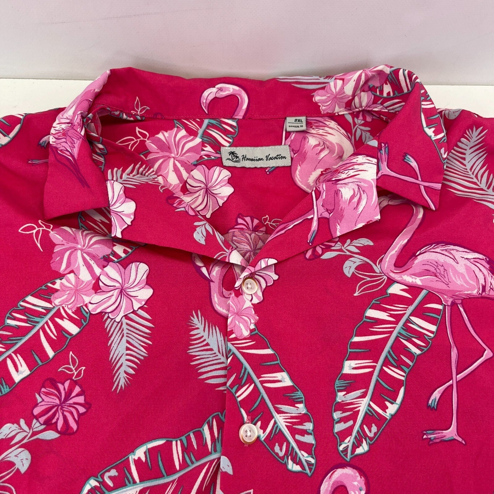 Hawaiian Vacation Mens Pink Flamingo Shirt Design Short Sleeve Holiday size 2XL