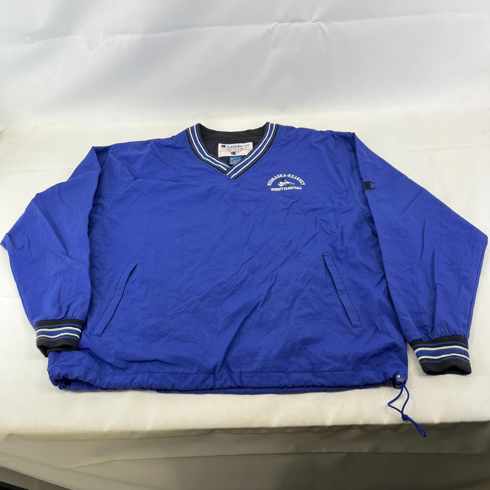 Champion Pullover Windbreaker Jacket Coat Oversized Large Blue with Embroidery