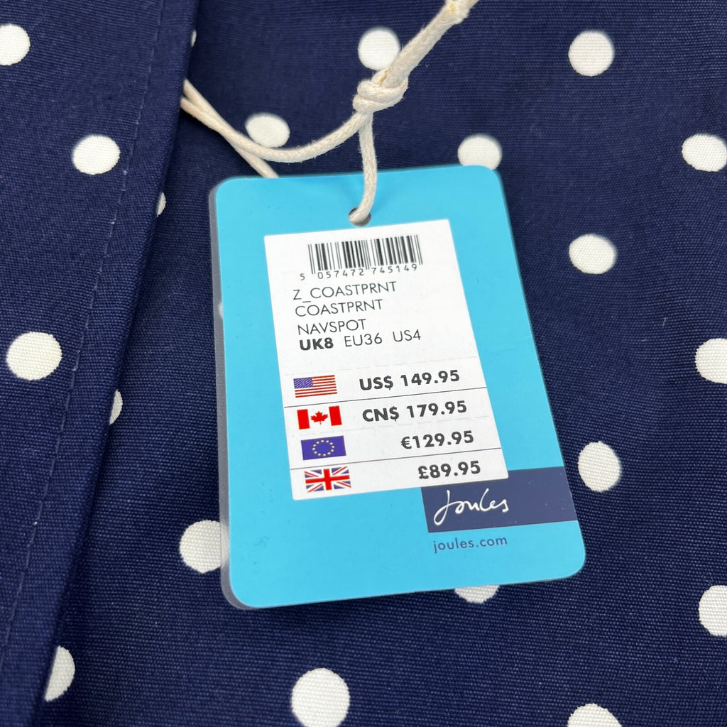 Joules Coast Polka Print Waterproof Jacket Breathable Blue Raincoat UK size 8
