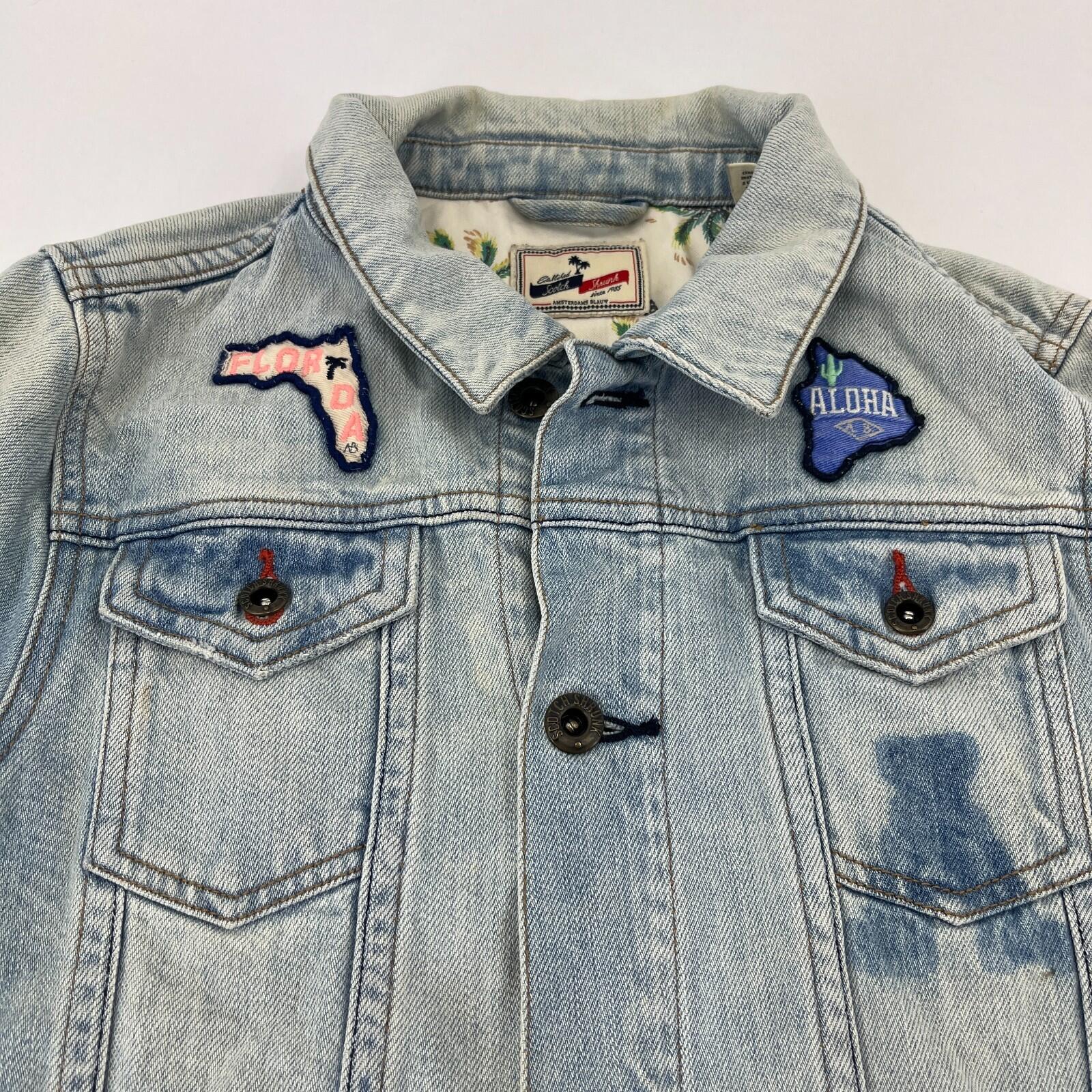 Scotch Shrunk Denim Jacket with Badges Women's size 10 Blue Trucker Button Up