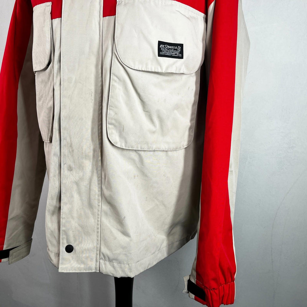 Levi's Waterproof Windbreaker Jacket Coat Mens size M Oversized Beige/Red Hooded