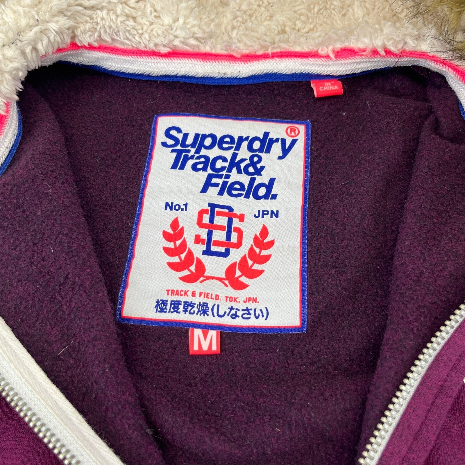 Superdry Women's Full Zip Hoodie with Sherpa Fur Fringe Hood Purple size Medium