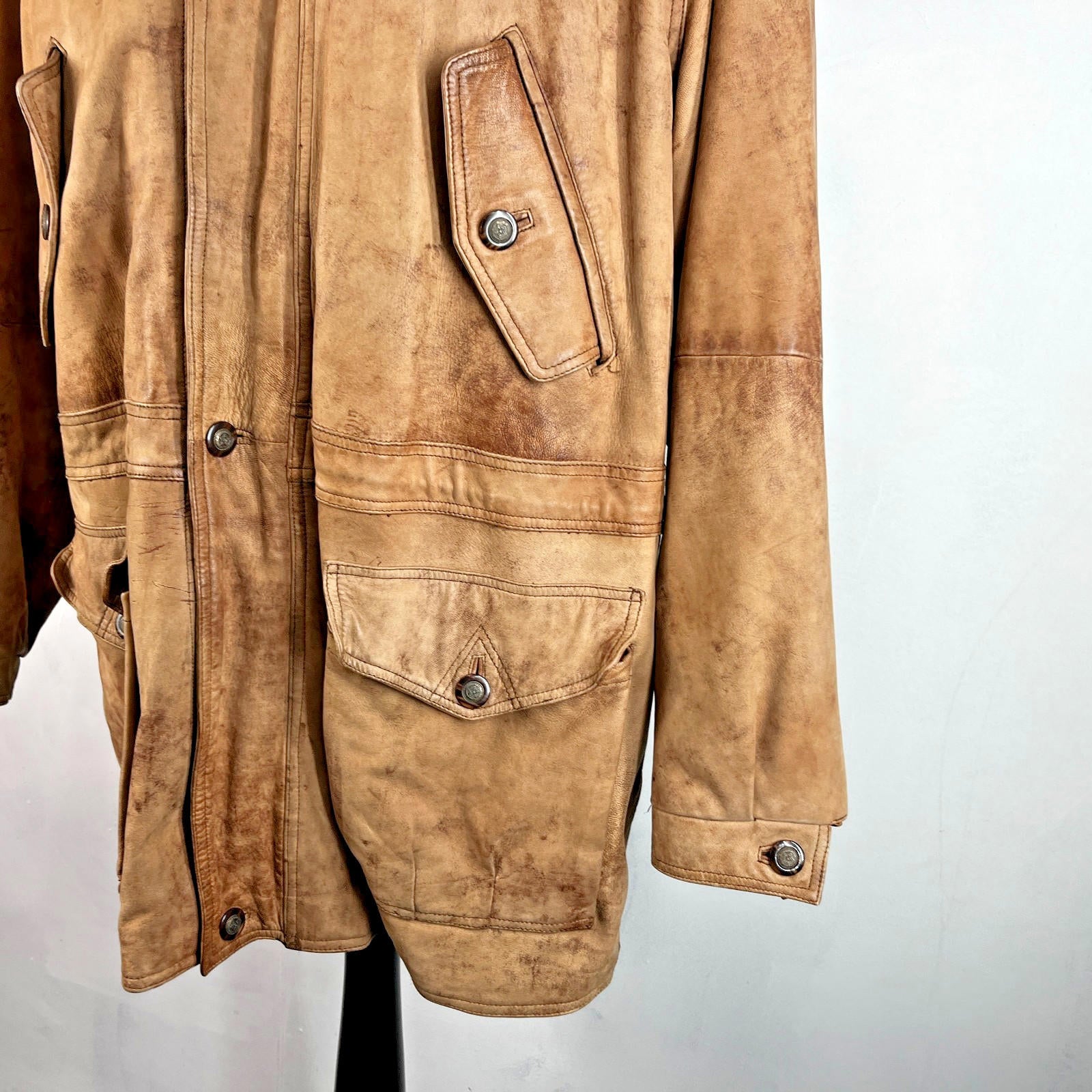 Lakeland Men’s Leather Jacket Long Distressed Look Tan Brown UK size 46