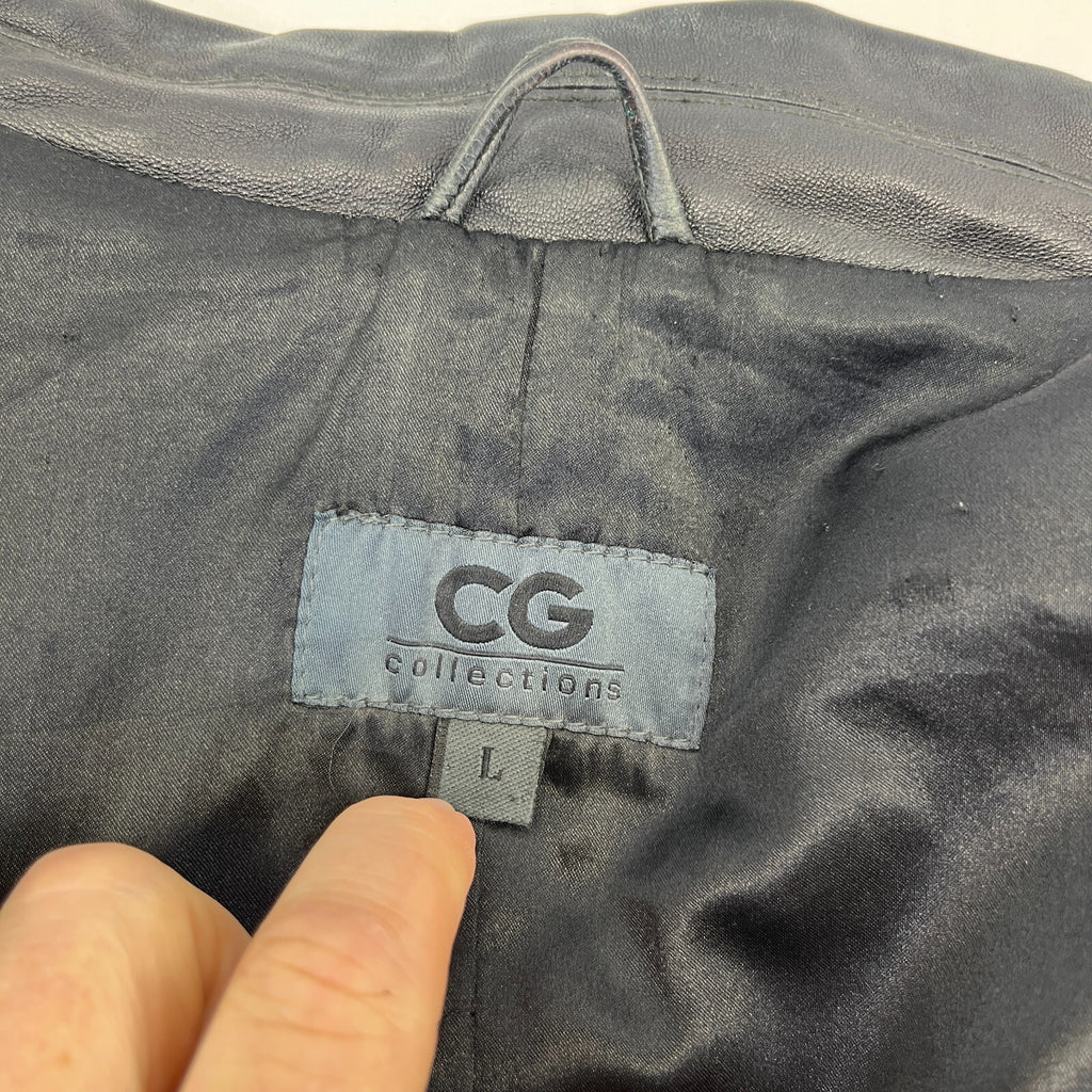 CG Collections Men's Leather Overcoat Jacket Black size Large Spread Collar