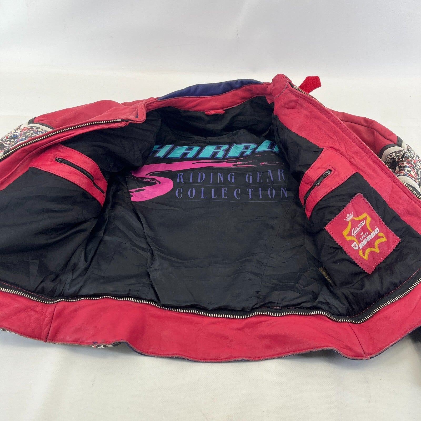 Vintage Harro Leather Motorcycle Biker Jacket Pink Blue White EU size 48
