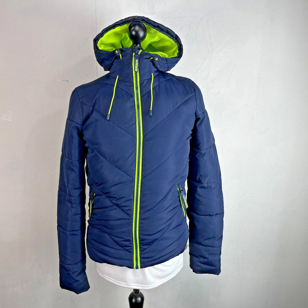 Superdry Navy Blue & Green Puffer Jacket with Hood size XS