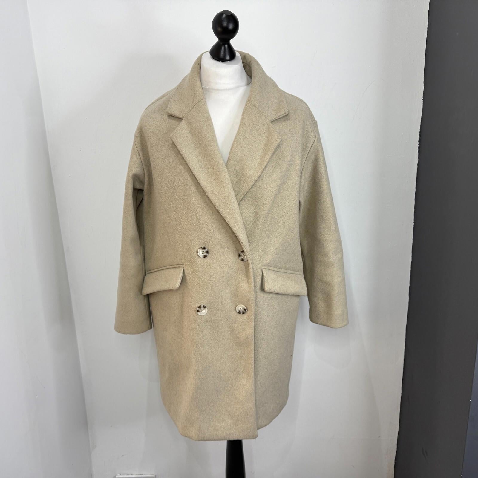 Pull & Bear Women's Light Beige Camel Overcoat size Large Smart Casual Coat