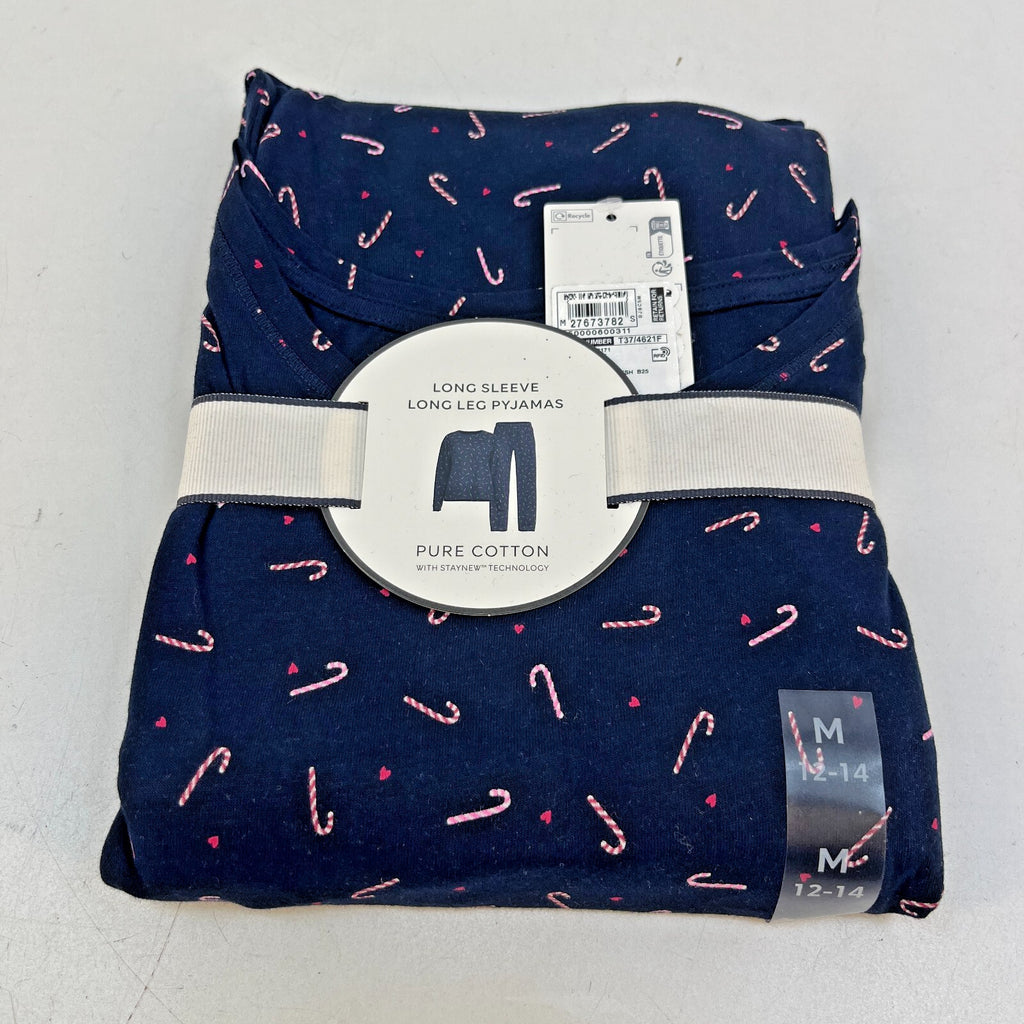 M&S Ladies Pyjama Set UK M 12-14 Navy Candy Cane Long Leg Long Sleeve Xmas BNWT