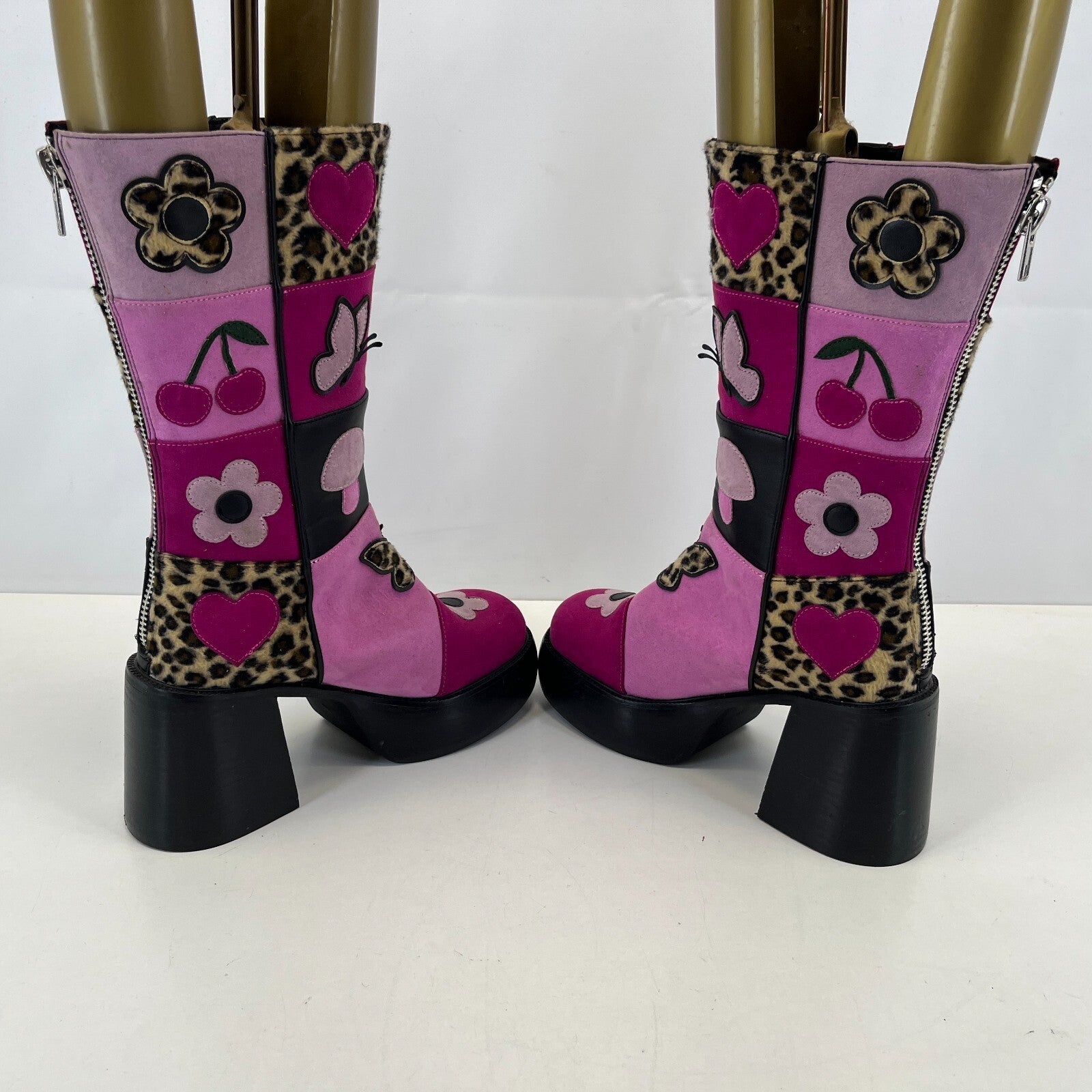 Ladies Retro 60s Disco Look Platform Boots Pink/Black Faux Suede UK 6 Glam Party