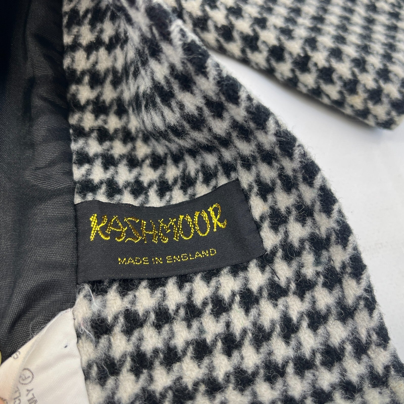 Vtg Kashmoor of London Wool Blend Long Overcoat UK 16 Black/White Houndstooth