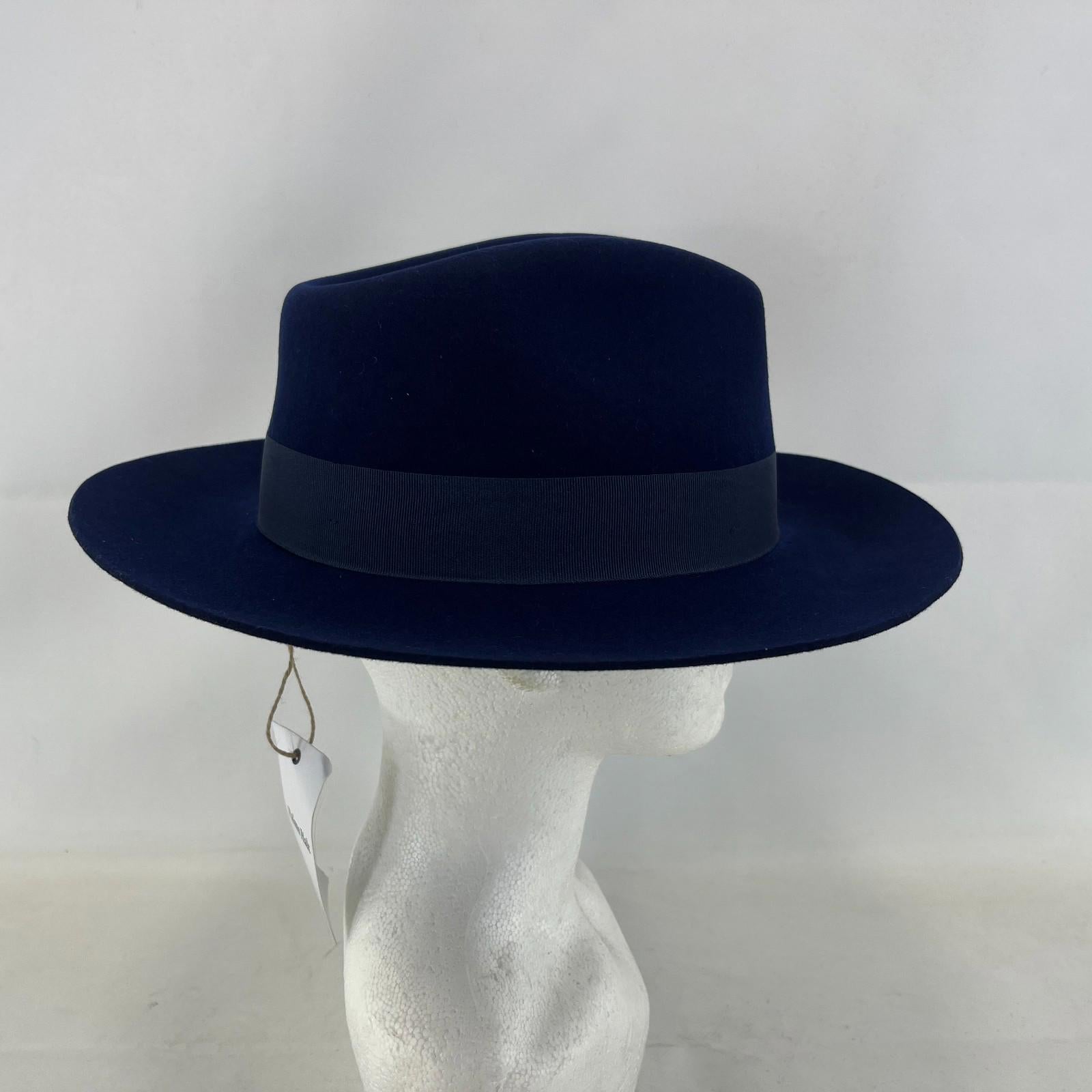 Palms Halt 100% Wool Handmade Textured Fedora Hat in Navy Blue size L 59
