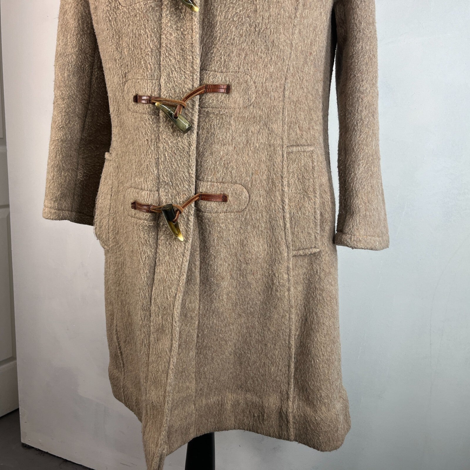 Vintage Women’s Camel Beige Hooded Duffle Coat with Tooth Toggles UK size 16