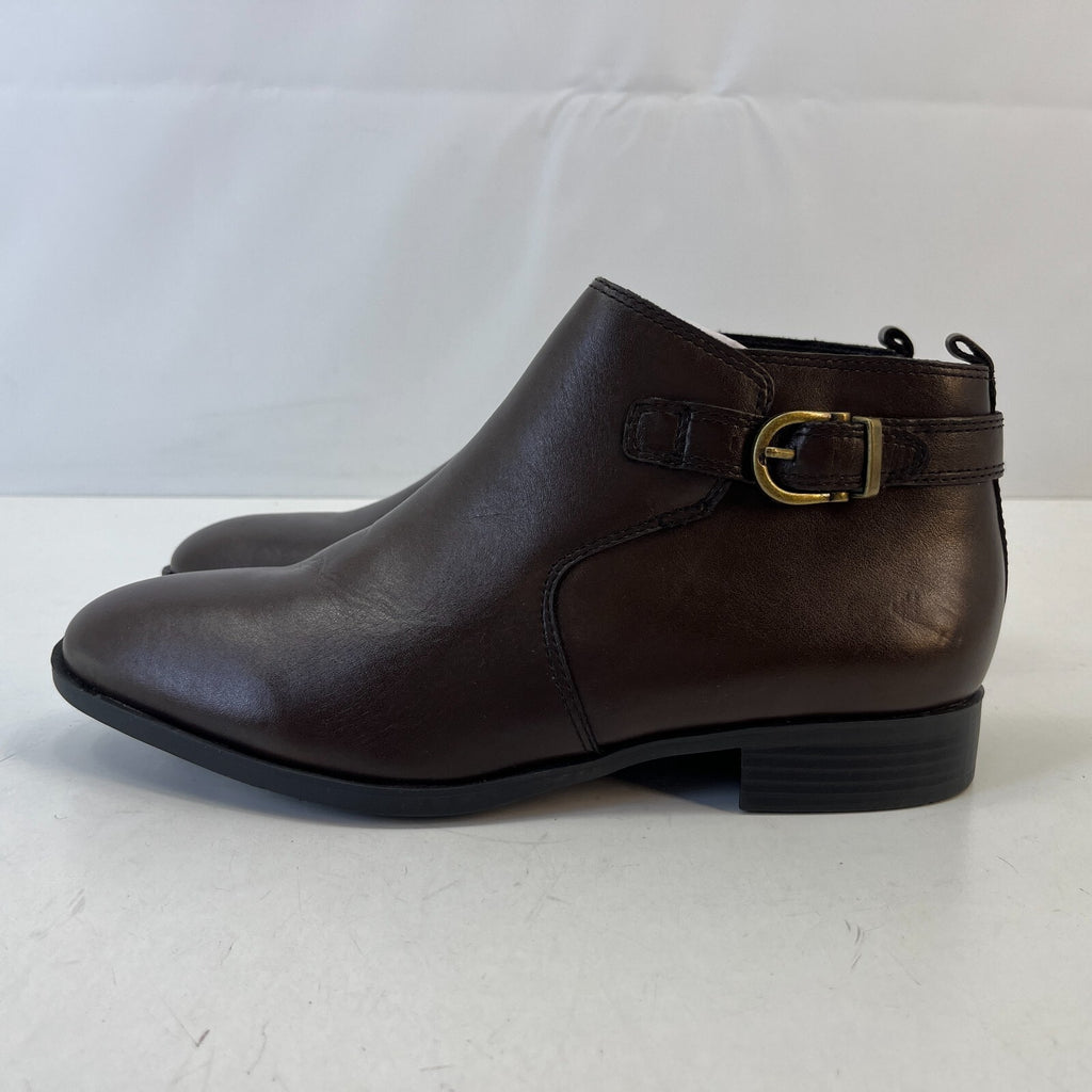 M&S Women’s Dark Brown Leather Almond Toe Ankle Boots Block Heel & Side Zip UK 8