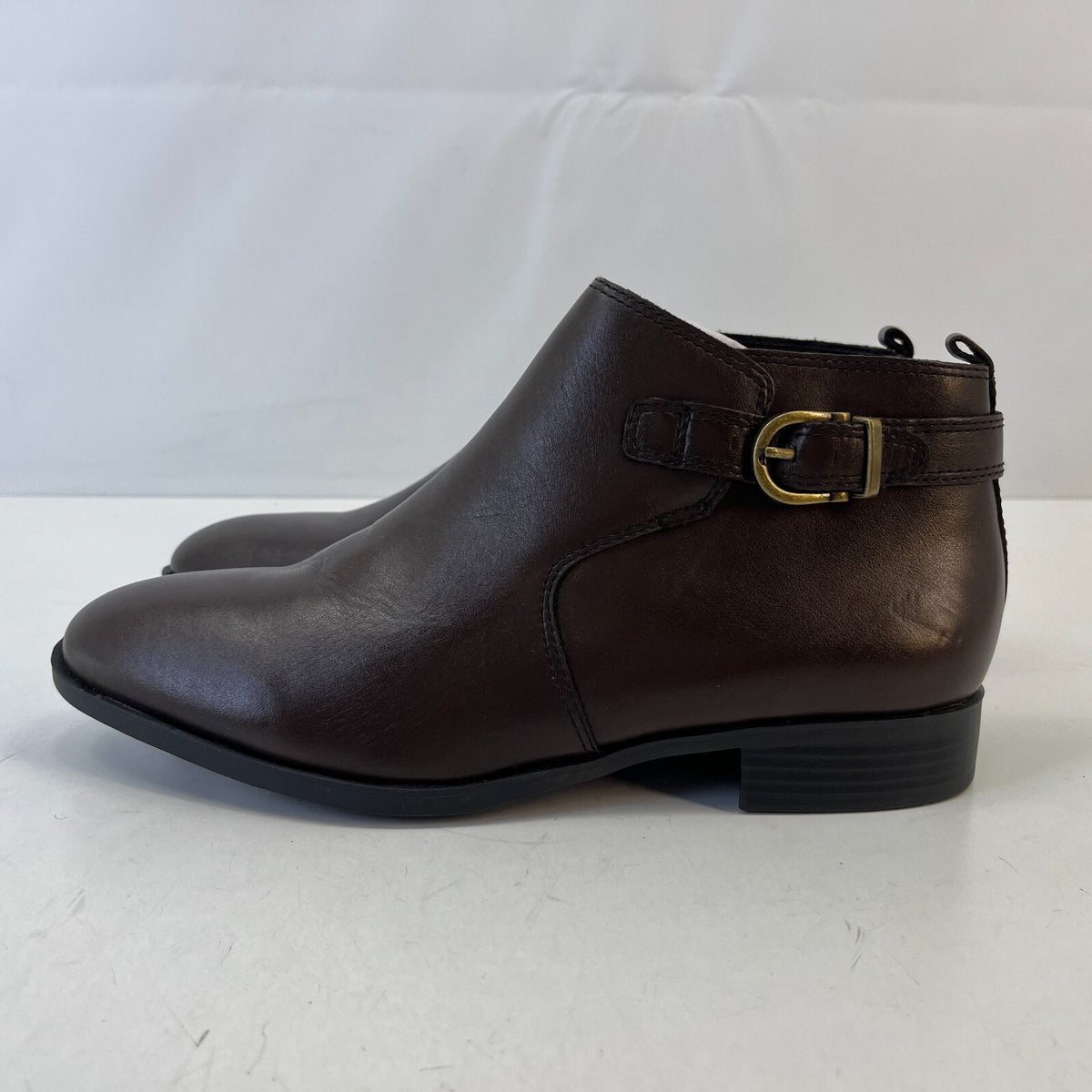 M&S Women’s Dark Brown Leather Almond Toe Ankle Boots Block Heel & Side Zip UK 8