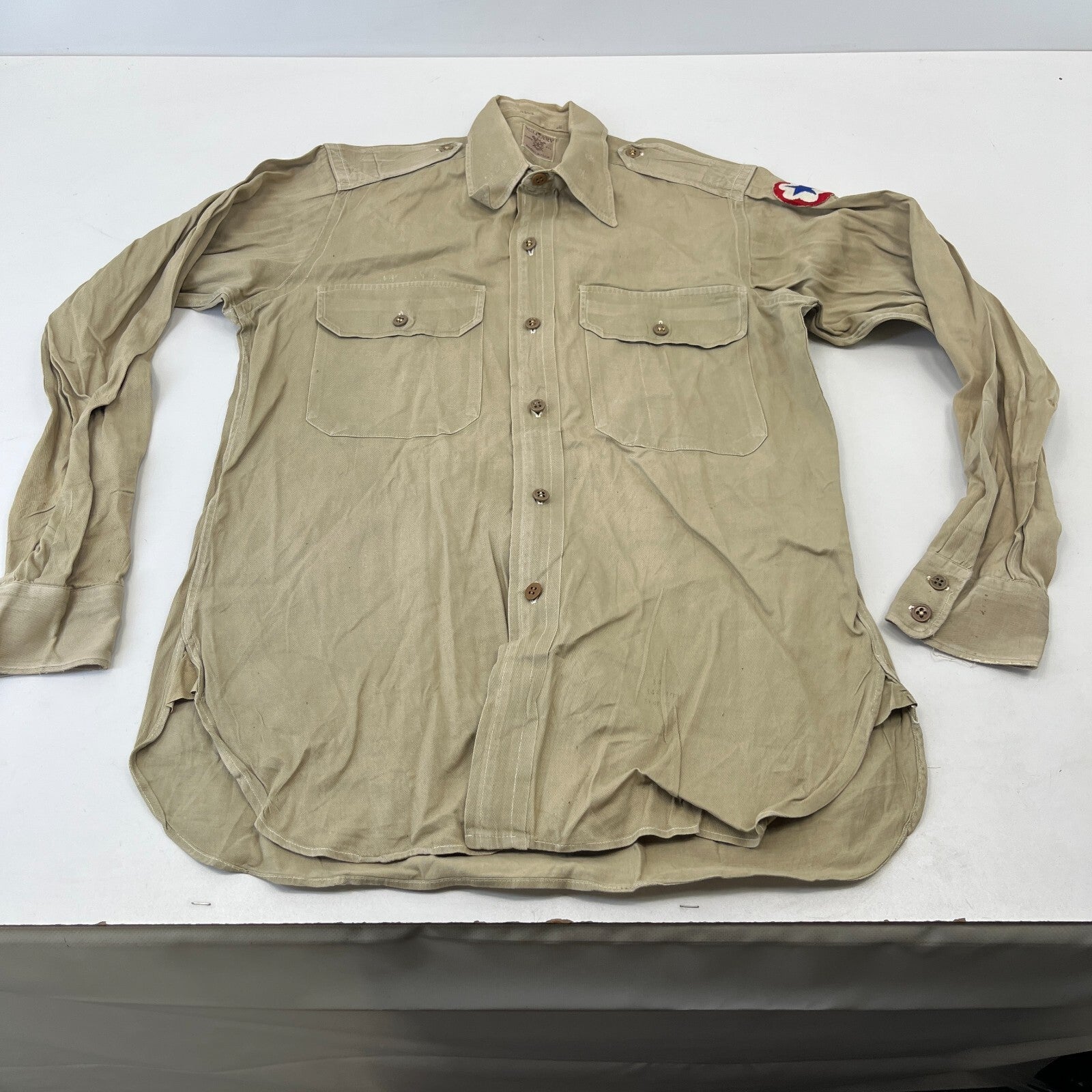 Vintage American Army Military Long Sleeve Twill Shirt +Badges Khaki Brown Large