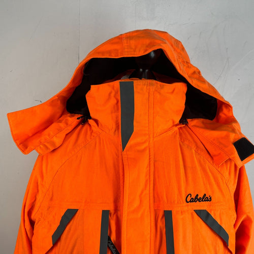 Cabelas Fluorescent Orange Softshell Chore Coat Warm Jacket with Hood size Large