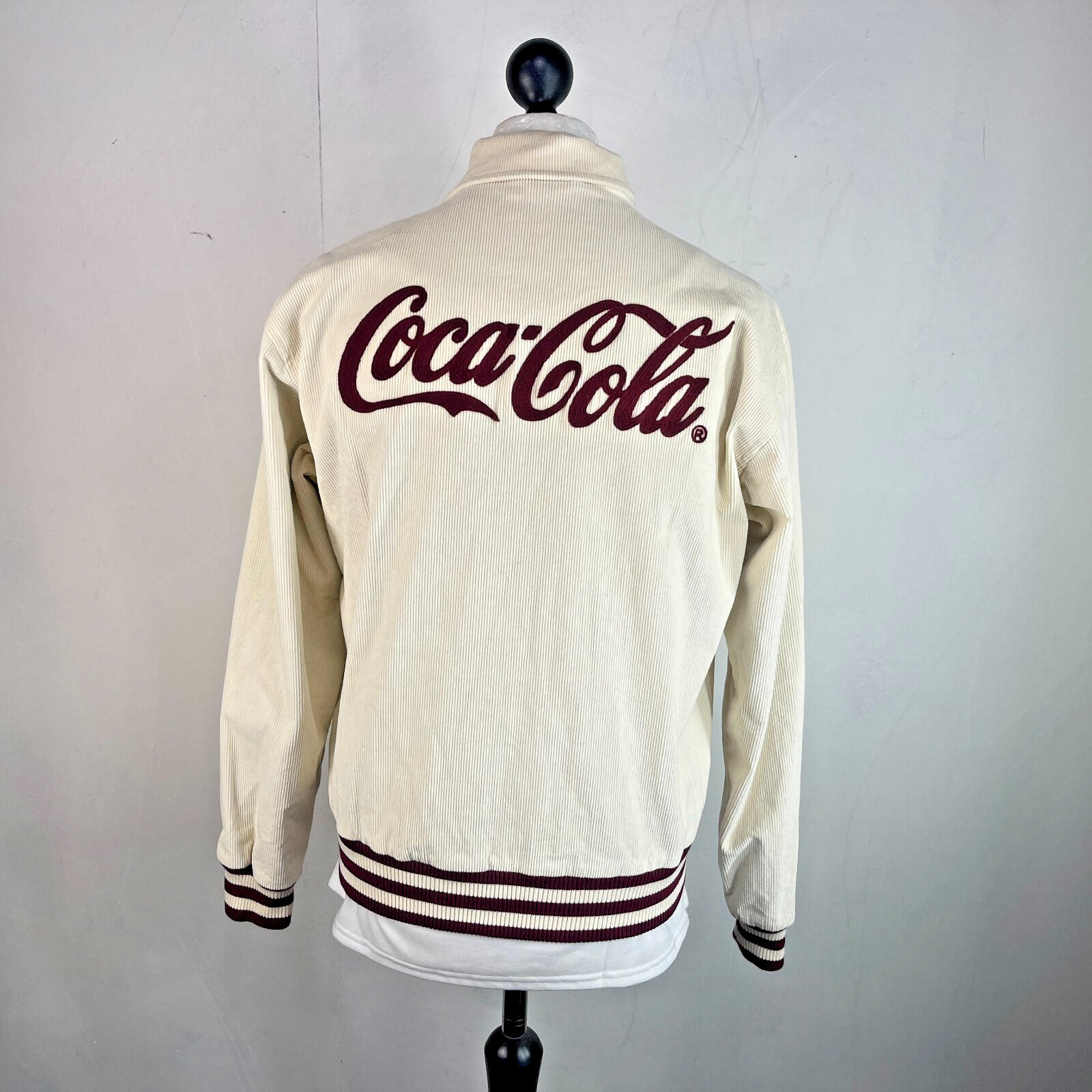 Rare Alma de Ace Coca Cola Micro Cord Varsity Jacket size Small in Cream