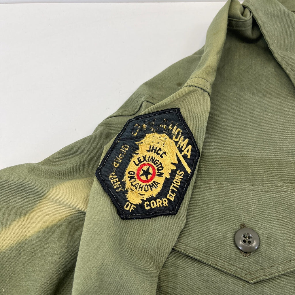 Vintage 60s/70s Oklahoma DOC Shacket Jacket Heavy Shirt XL Khaki Green + Badges