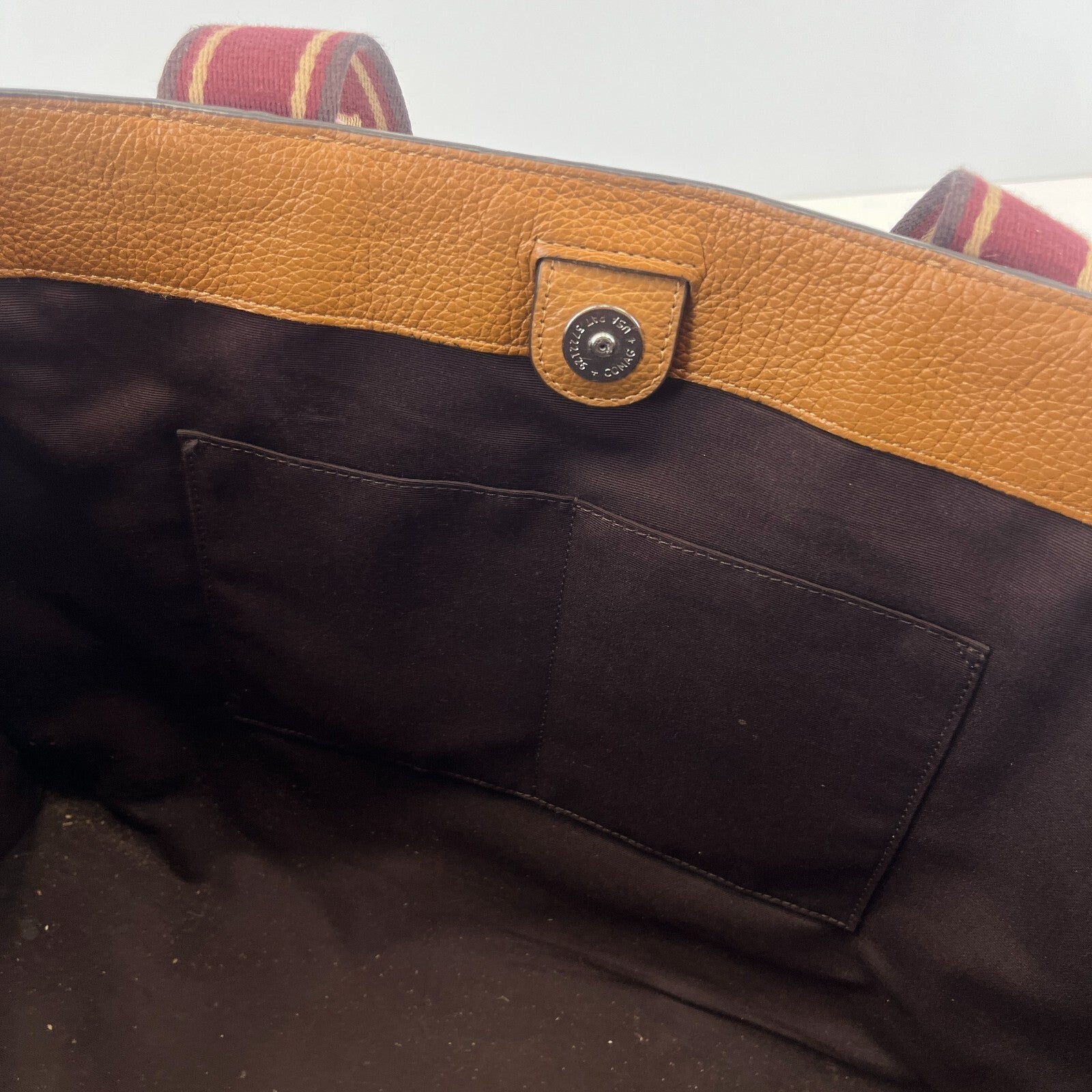 Coach Smith Tote Bag CM716 Tan Pebbled Leather Burgundy Logo Strap