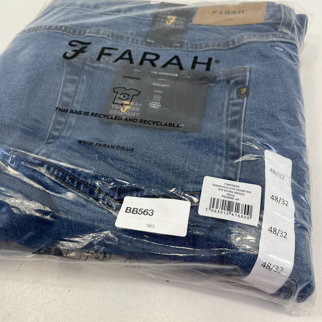 Men's Farah Norwood Indigo Mid Blue Regular Fit Jeans Straight Leg W48" L32" New