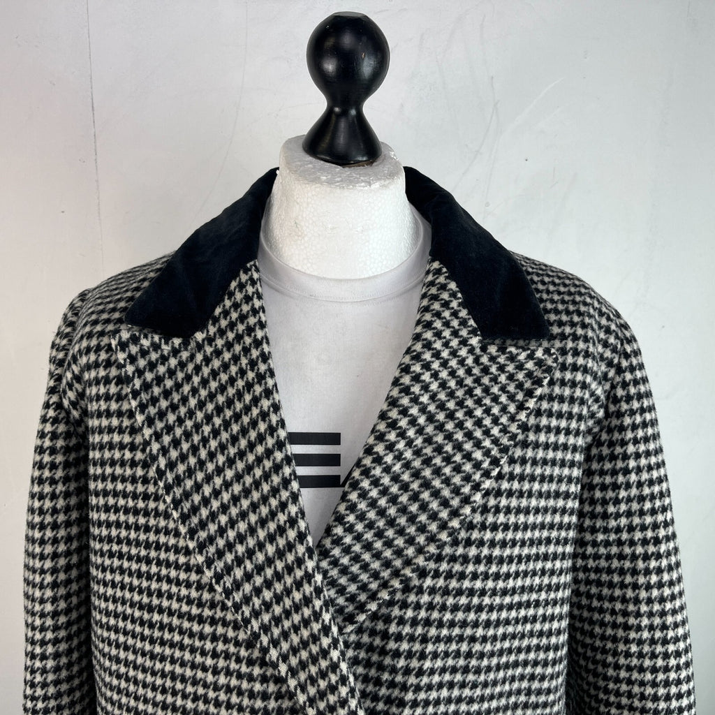Vtg Kashmoor of London Wool Blend Long Overcoat UK 16 Black/White Houndstooth