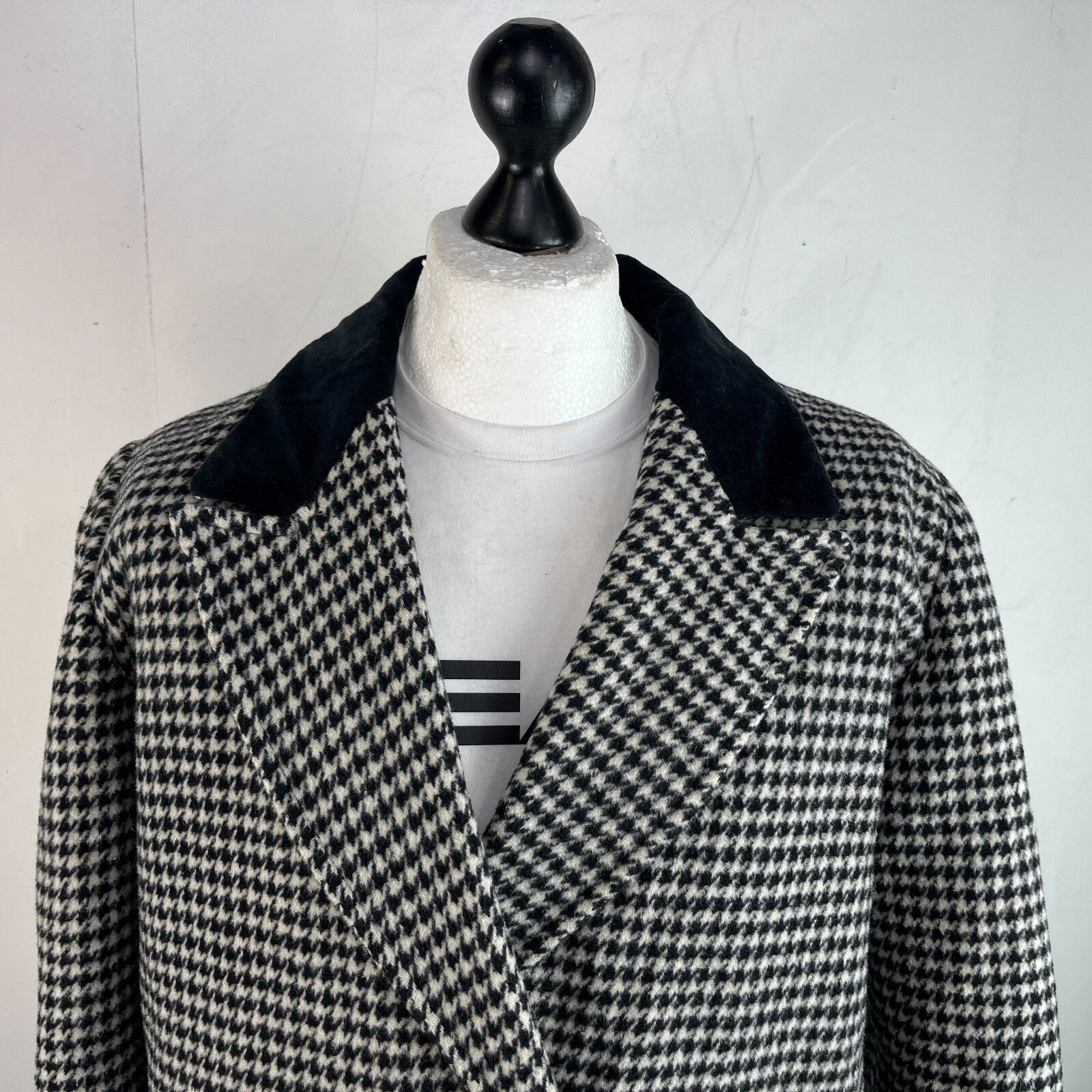 Vtg Kashmoor of London Wool Blend Long Overcoat UK 16 Black/White Houndstooth