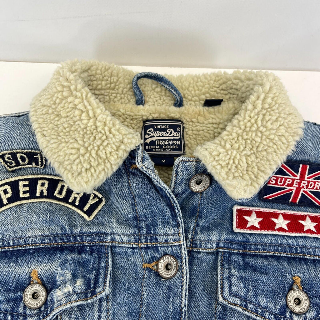 Superdry Denim Jacket Womens M Blue Sherpa Faux Fur Lining Patches Biker