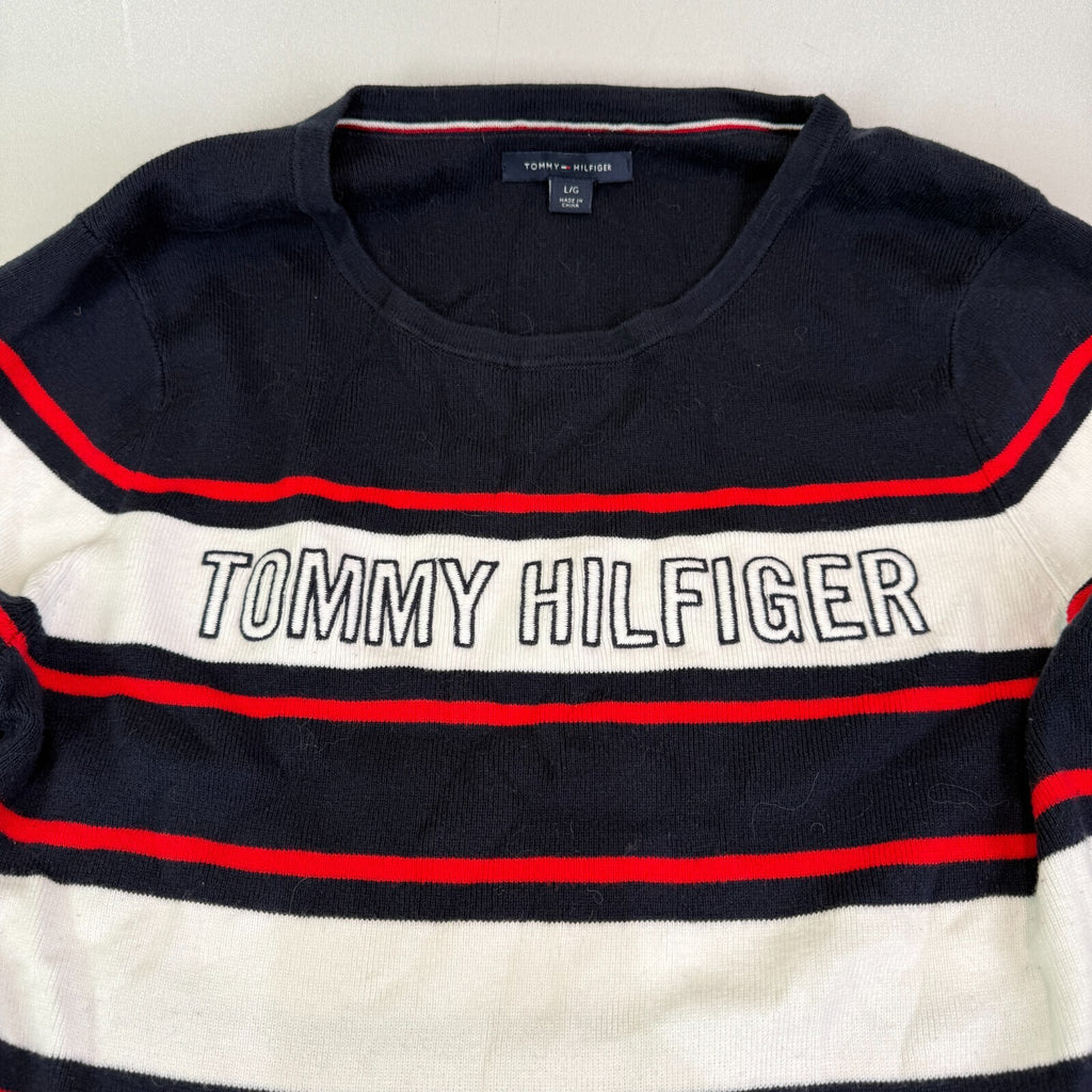 Tommy Hilfiger Lightweight Cotton Jumper Black/Red/White Striped Large Slim Fit