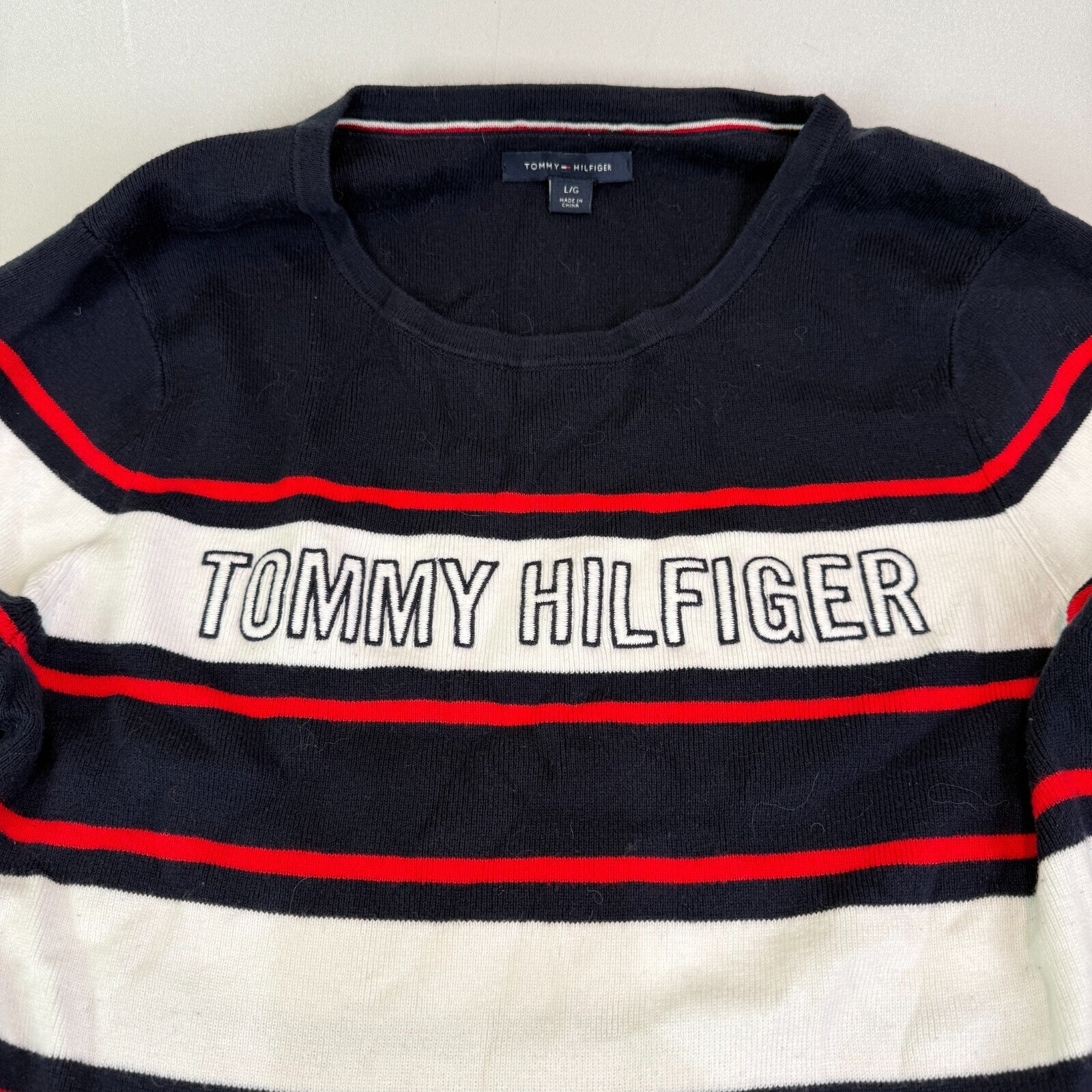 Tommy Hilfiger Lightweight Cotton Jumper Black/Red/White Striped Large Slim Fit