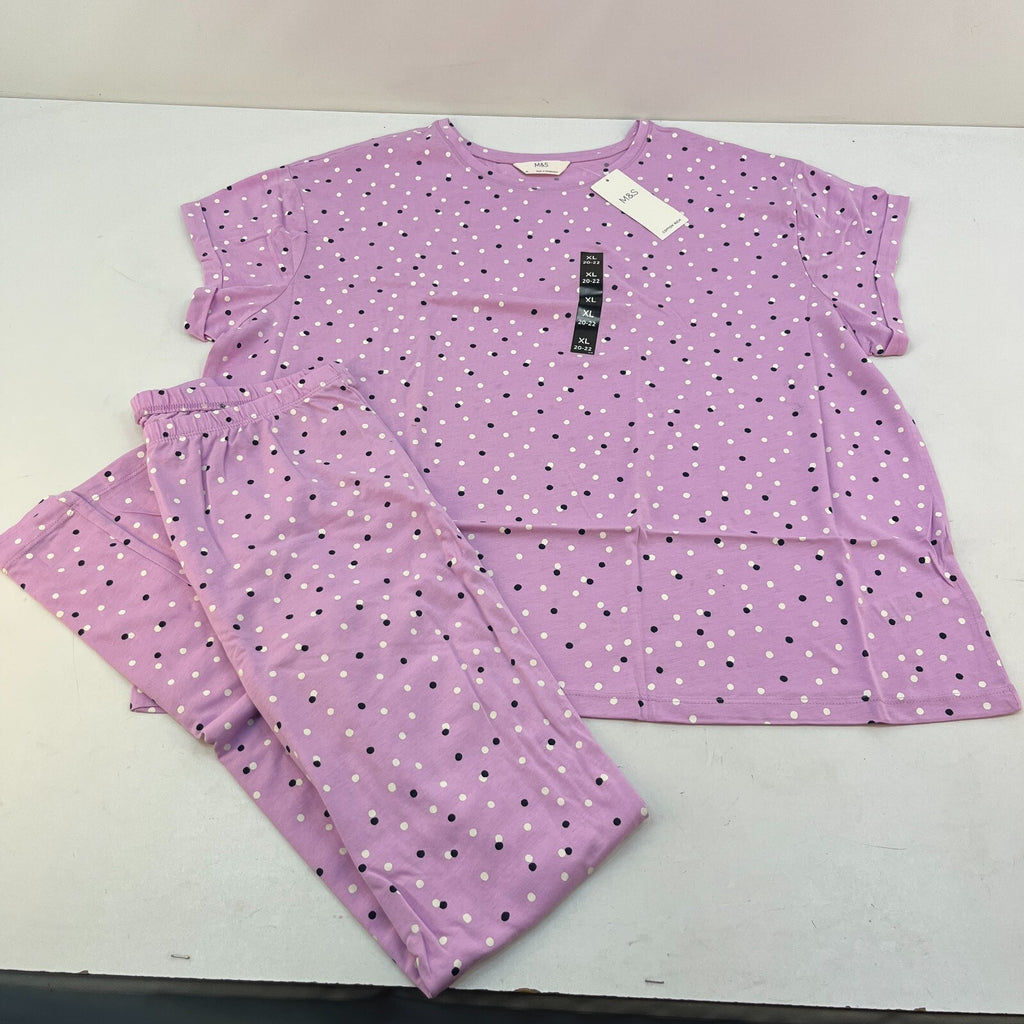 M&S Ladies Pyjama Set UK XL 20-22 Cool Pink with Spots Long Leg Short Sleeve New