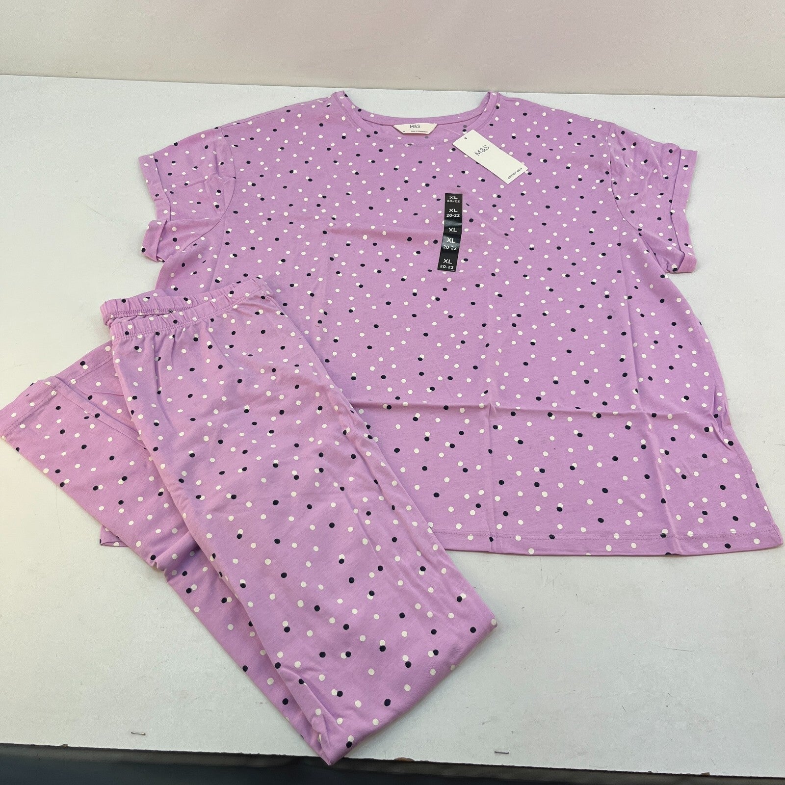 M&S Ladies Pyjama Set UK XL 20-22 Cool Pink with Spots Long Leg Short Sleeve New