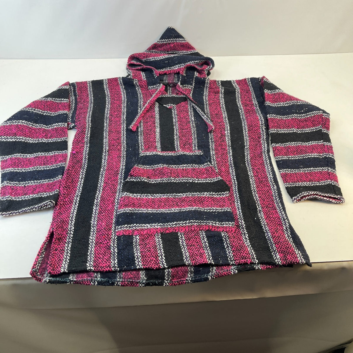 Genuine Mexican Baja Hoodie Pullover Hippie Festival Pink/Black size Large