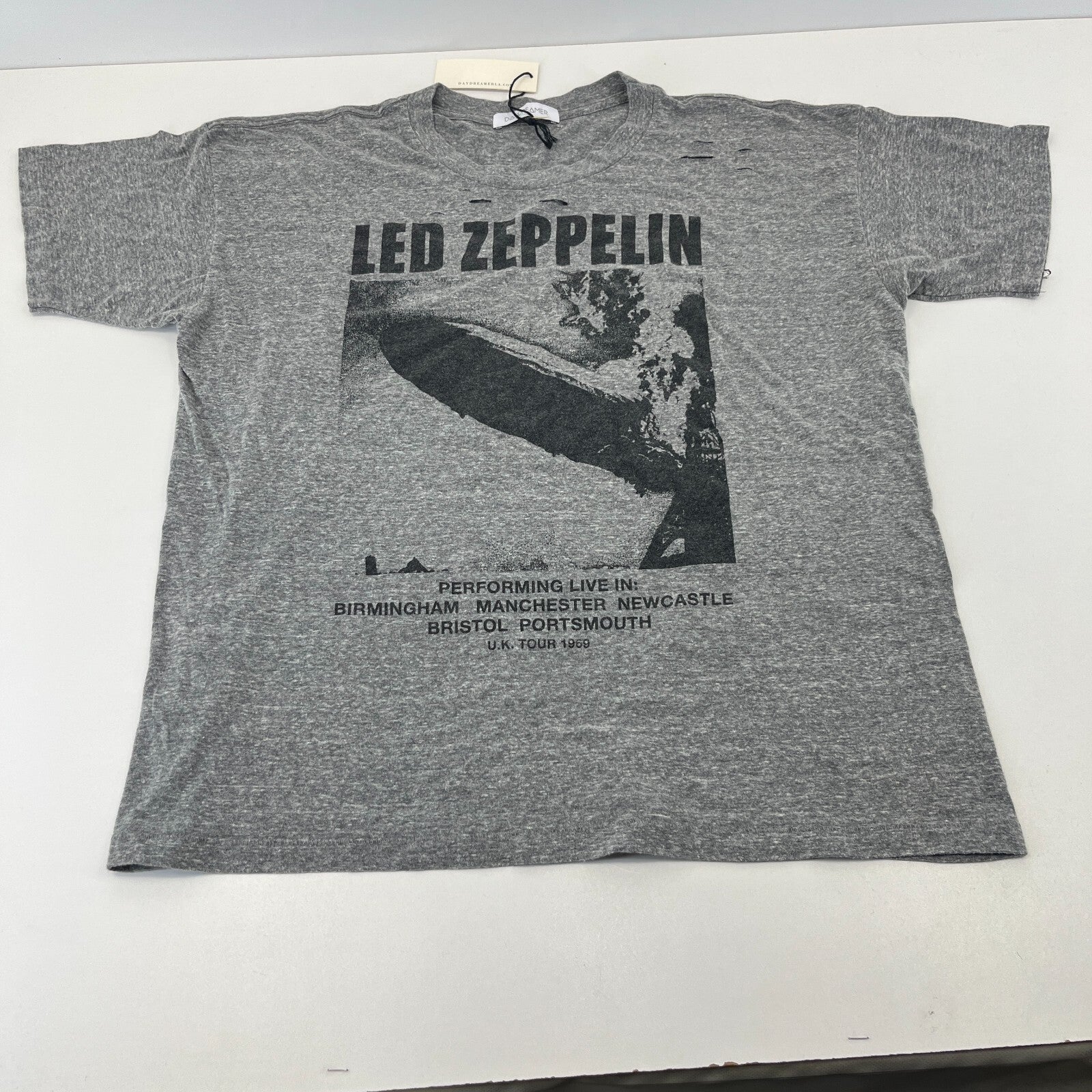 Daydreamer Led Zeppelin 1969 Tour Print Distressed T-Shirt Grey size US M UK XL